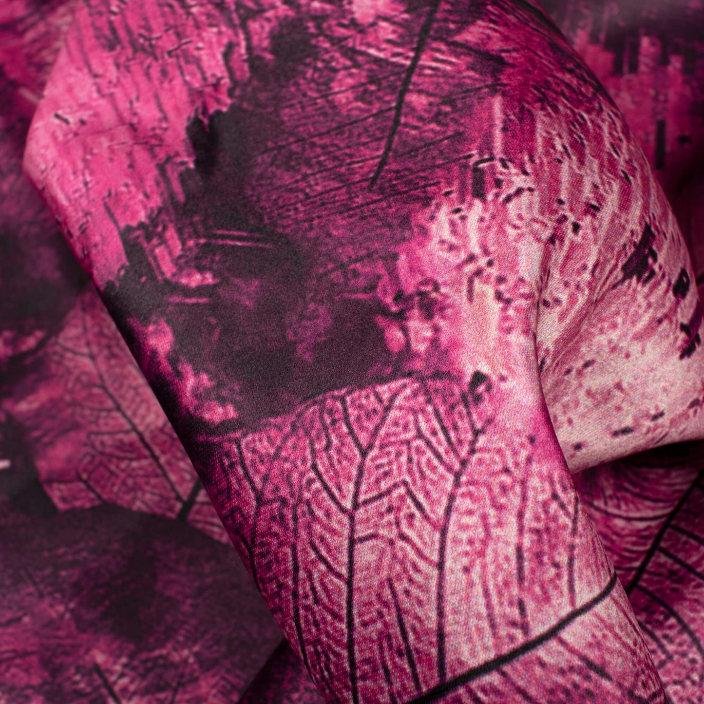 Dark Orchid Purple Leaf Pattern Digital Print Charmeuse Satin Fabric (Width 58 Inches)