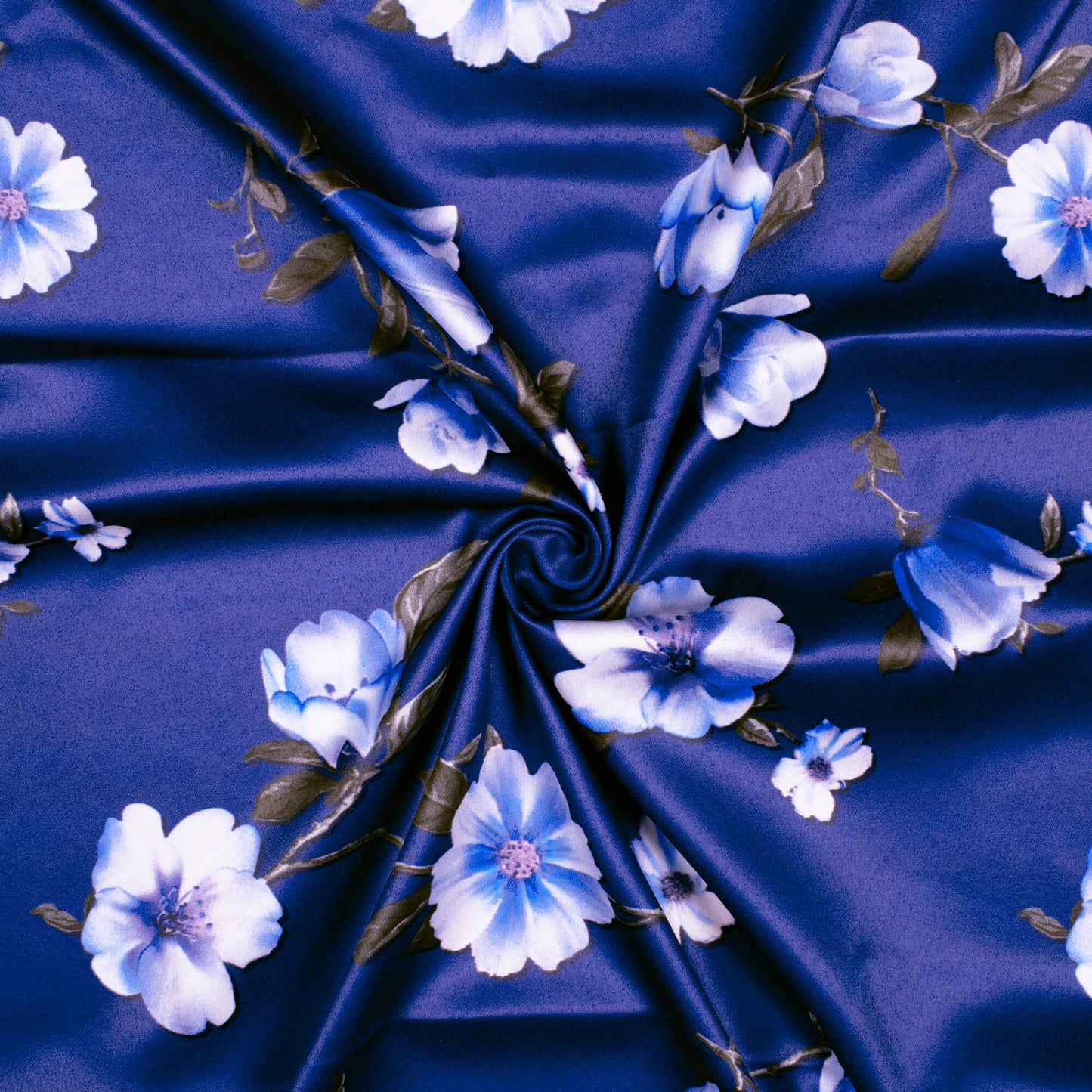 Royal Blue Floral Pattern Digital Print Charmeuse Satin Fabric (Width 58 Inches)