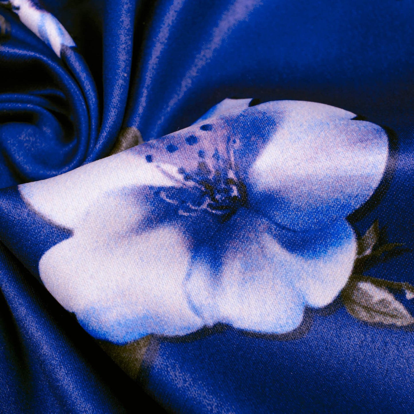 Royal Blue Floral Pattern Digital Print Charmeuse Satin Fabric (Width 58 Inches)
