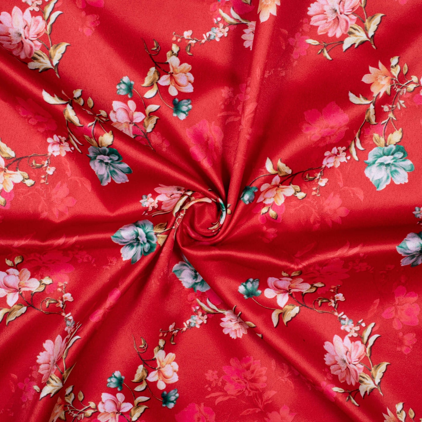 Sangria Red And Taffy Pink Floral Pattern Digital Print Charmeuse Satin Fabric (Width 58 Inches)