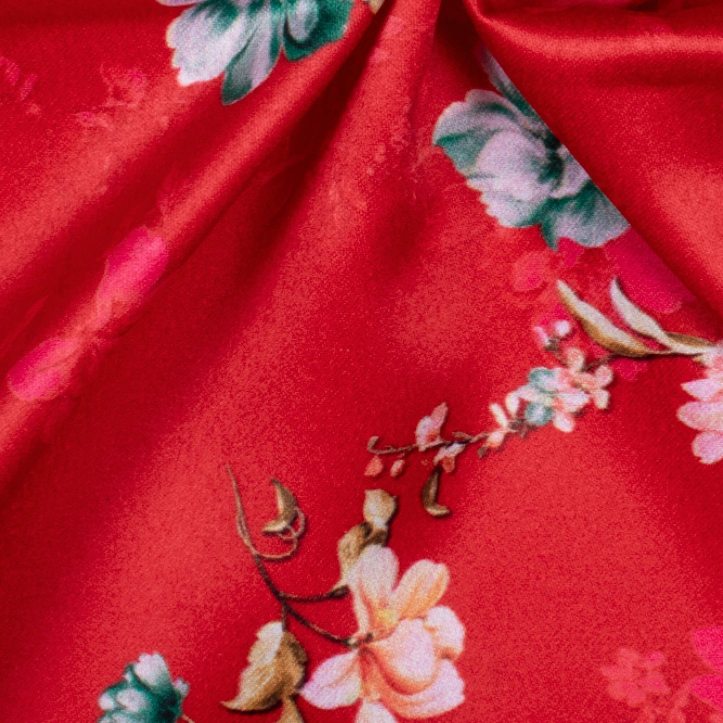 Sangria Red And Taffy Pink Floral Pattern Digital Print Charmeuse Satin Fabric (Width 58 Inches)