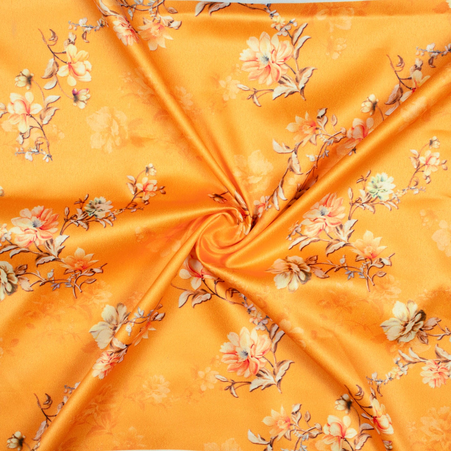 Fire Yellow And Beige Floral Pattern Digital Print Charmeuse Satin Fabric (Width 58 Inches)