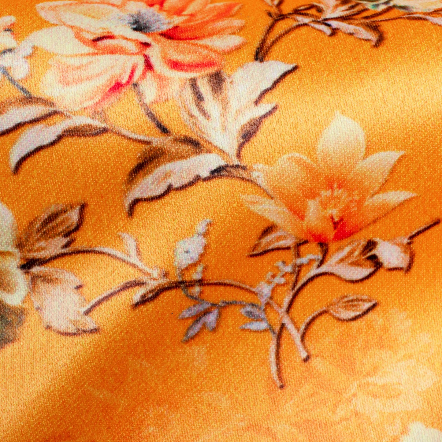 Fire Yellow And Beige Floral Pattern Digital Print Charmeuse Satin Fabric (Width 58 Inches)