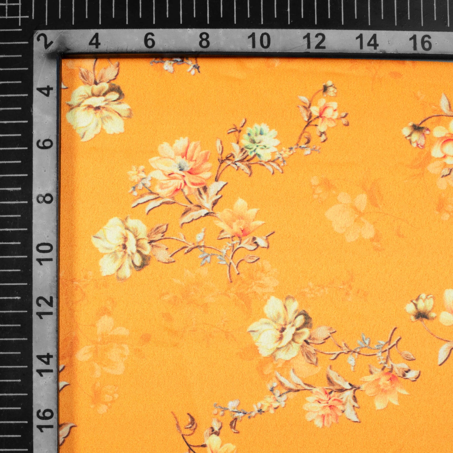 Fire Yellow And Beige Floral Pattern Digital Print Charmeuse Satin Fabric (Width 58 Inches)