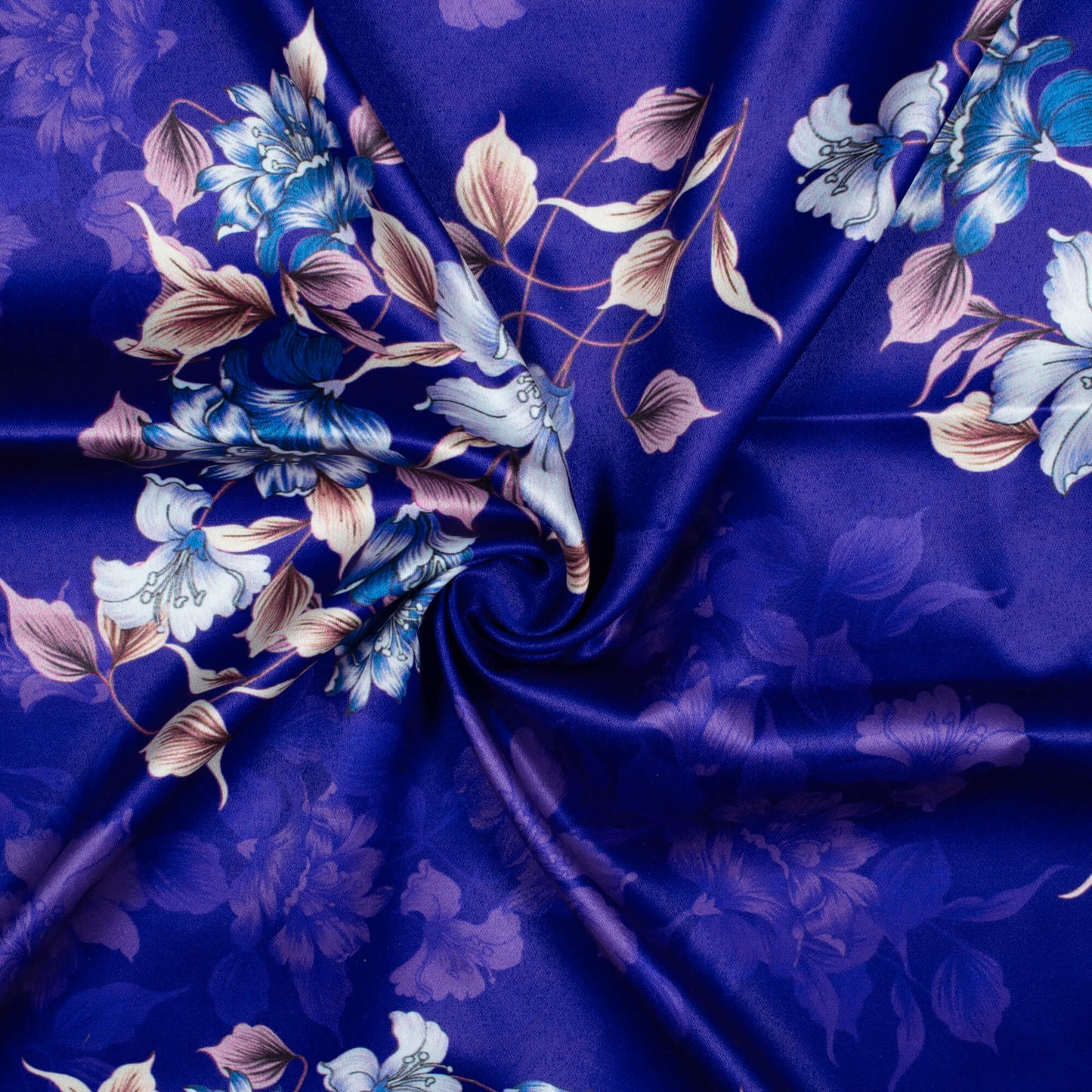 Royal Blue And Beige Floral Pattern Digital Print Charmeuse Satin Fabric (Width 58 Inches)