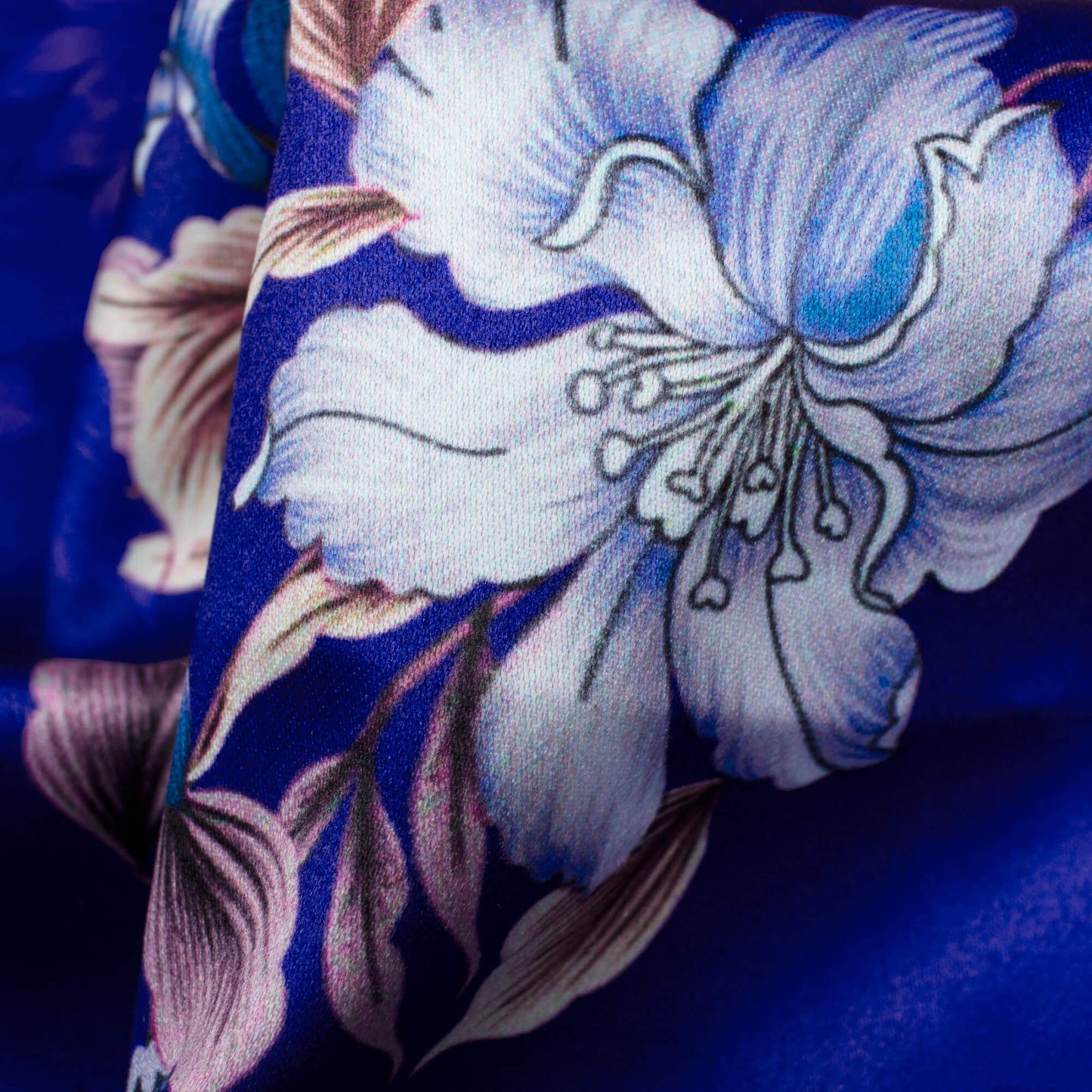 Royal Blue And Beige Floral Pattern Digital Print Charmeuse Satin Fabric (Width 58 Inches)
