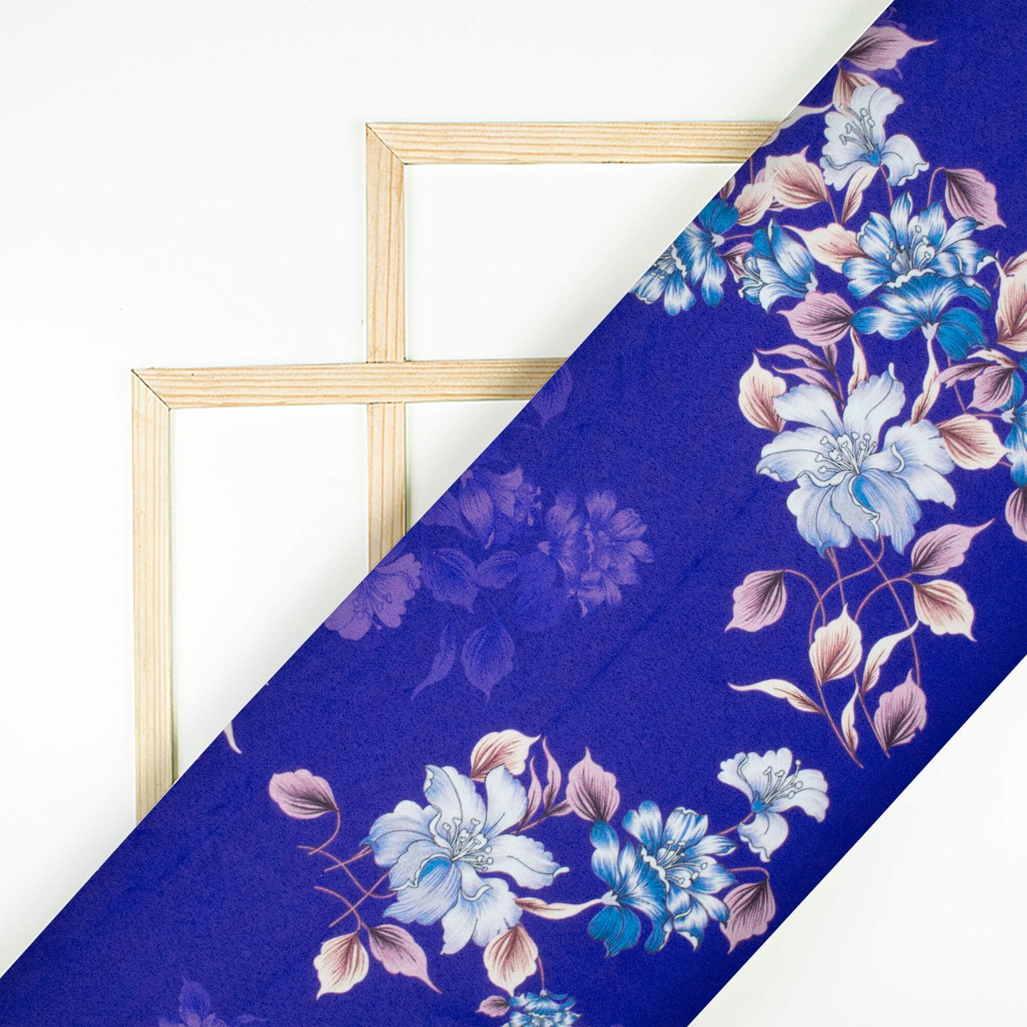 Royal Blue And Beige Floral Pattern Digital Print Charmeuse Satin Fabric (Width 58 Inches)
