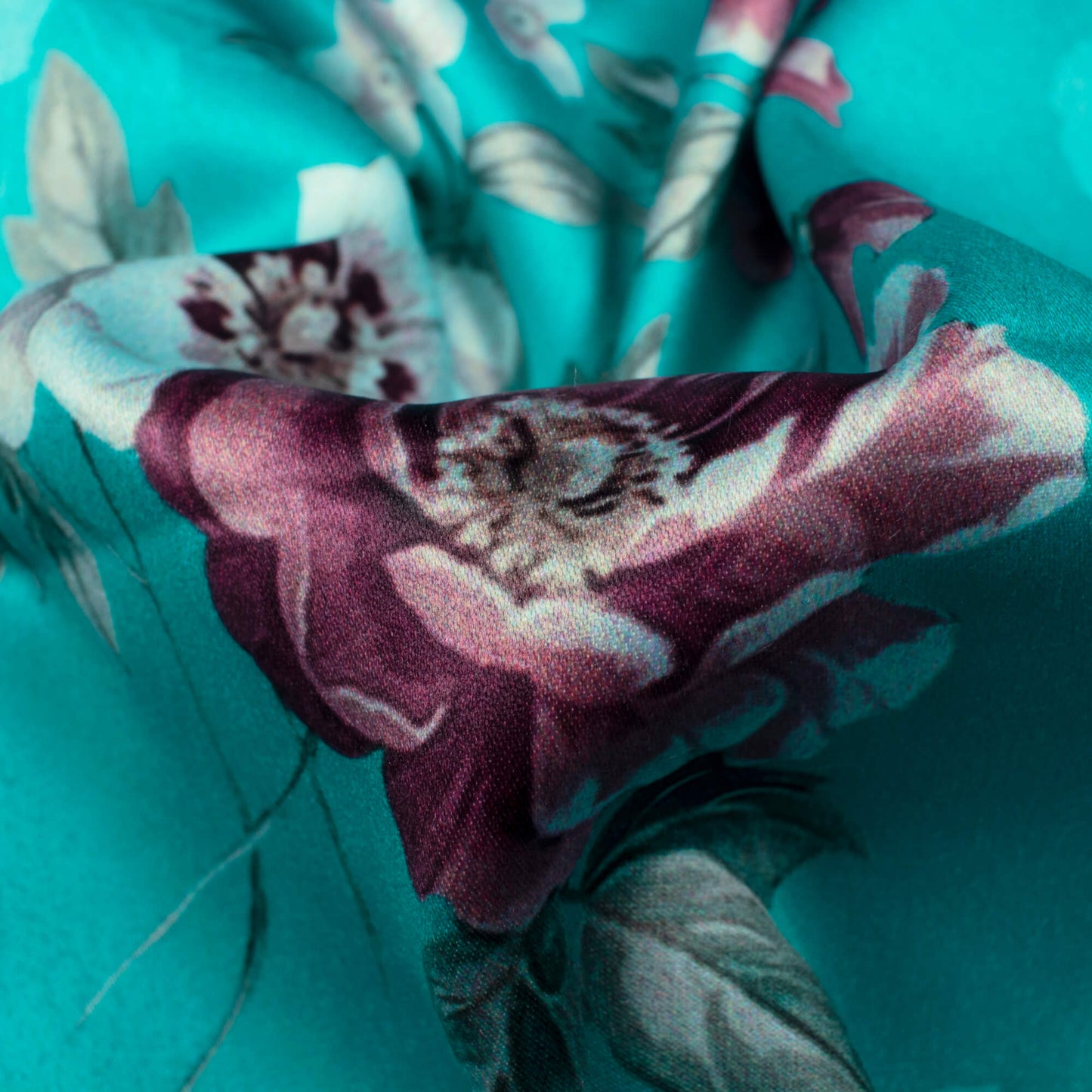 Turquoise And Red Floral Pattern Digital Print Charmeuse Satin Fabric (Width 58 Inches)