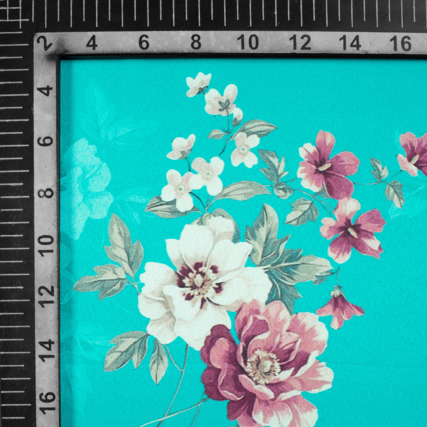 Turquoise And Red Floral Pattern Digital Print Charmeuse Satin Fabric (Width 58 Inches)