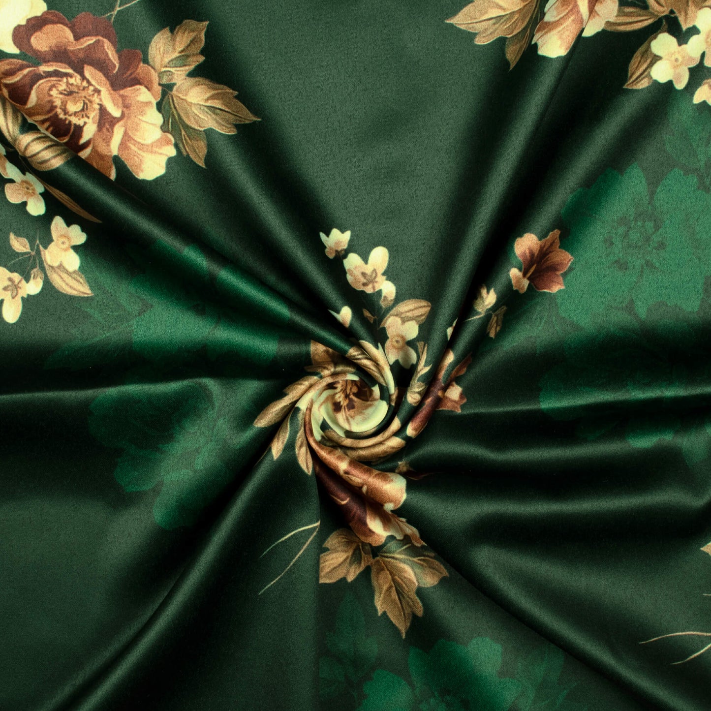 Dark Green And Oyster Beige Floral Pattern Digital Print Charmeuse Satin Fabric (Width 58 Inches)
