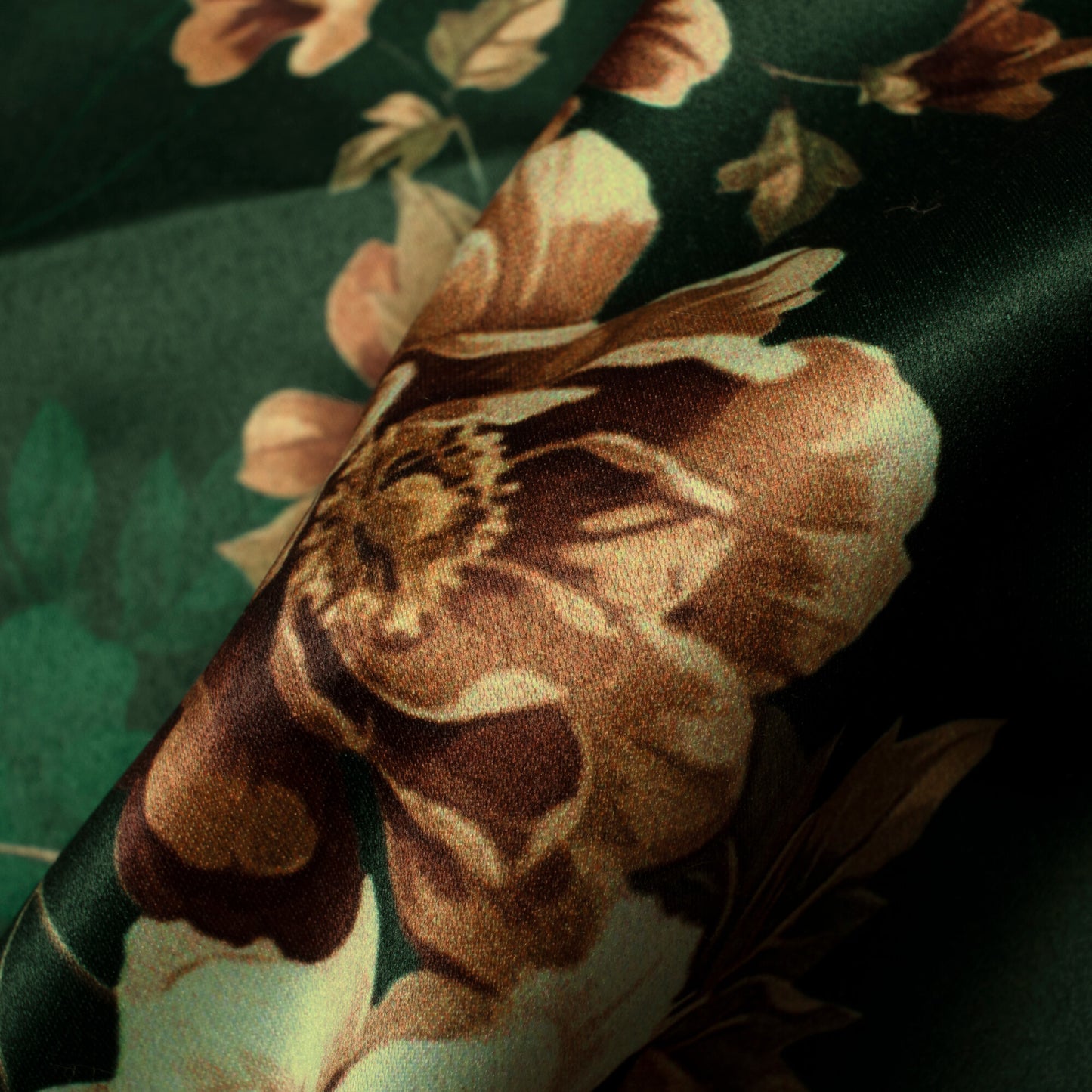 Dark Green And Oyster Beige Floral Pattern Digital Print Charmeuse Satin Fabric (Width 58 Inches)