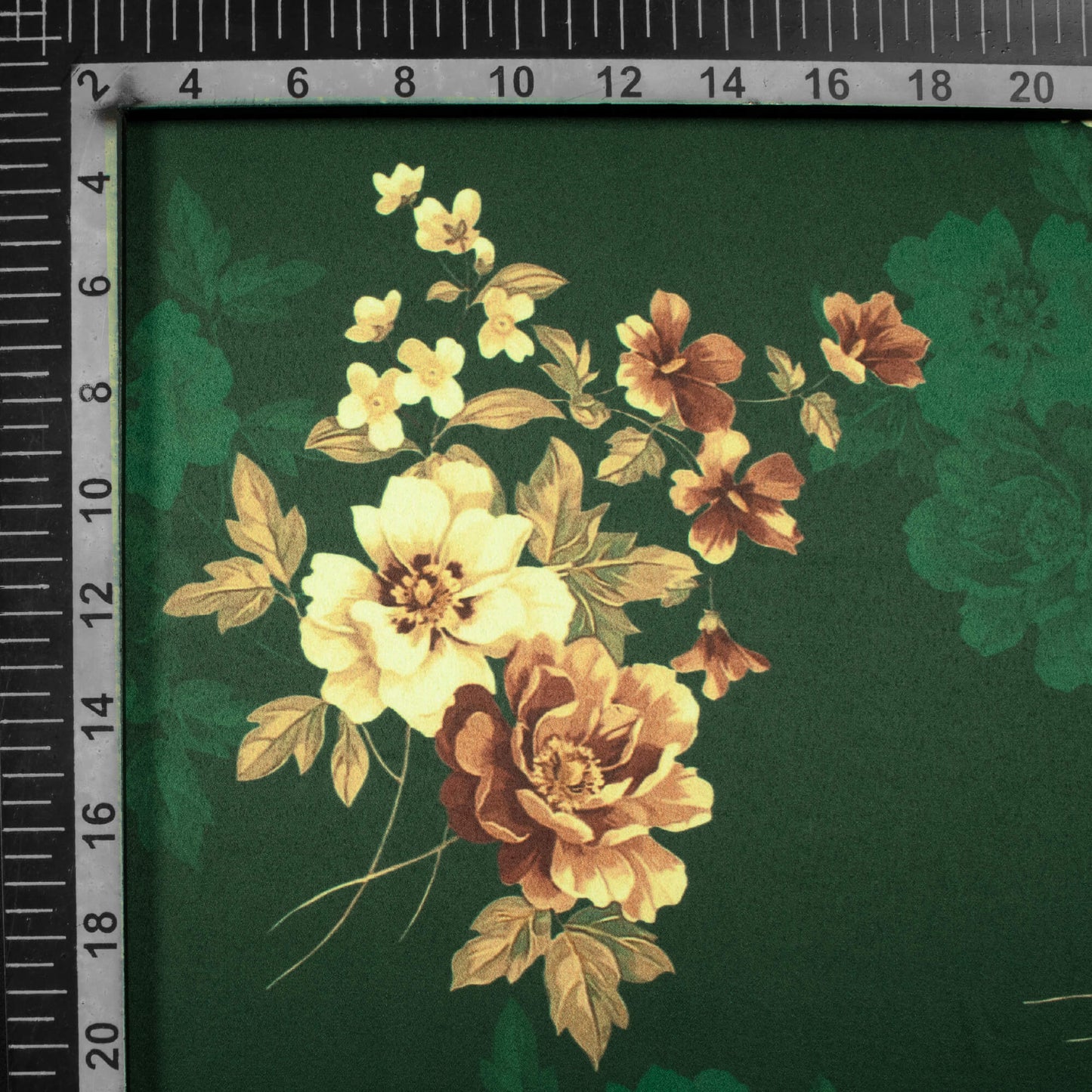 Dark Green And Oyster Beige Floral Pattern Digital Print Charmeuse Satin Fabric (Width 58 Inches)