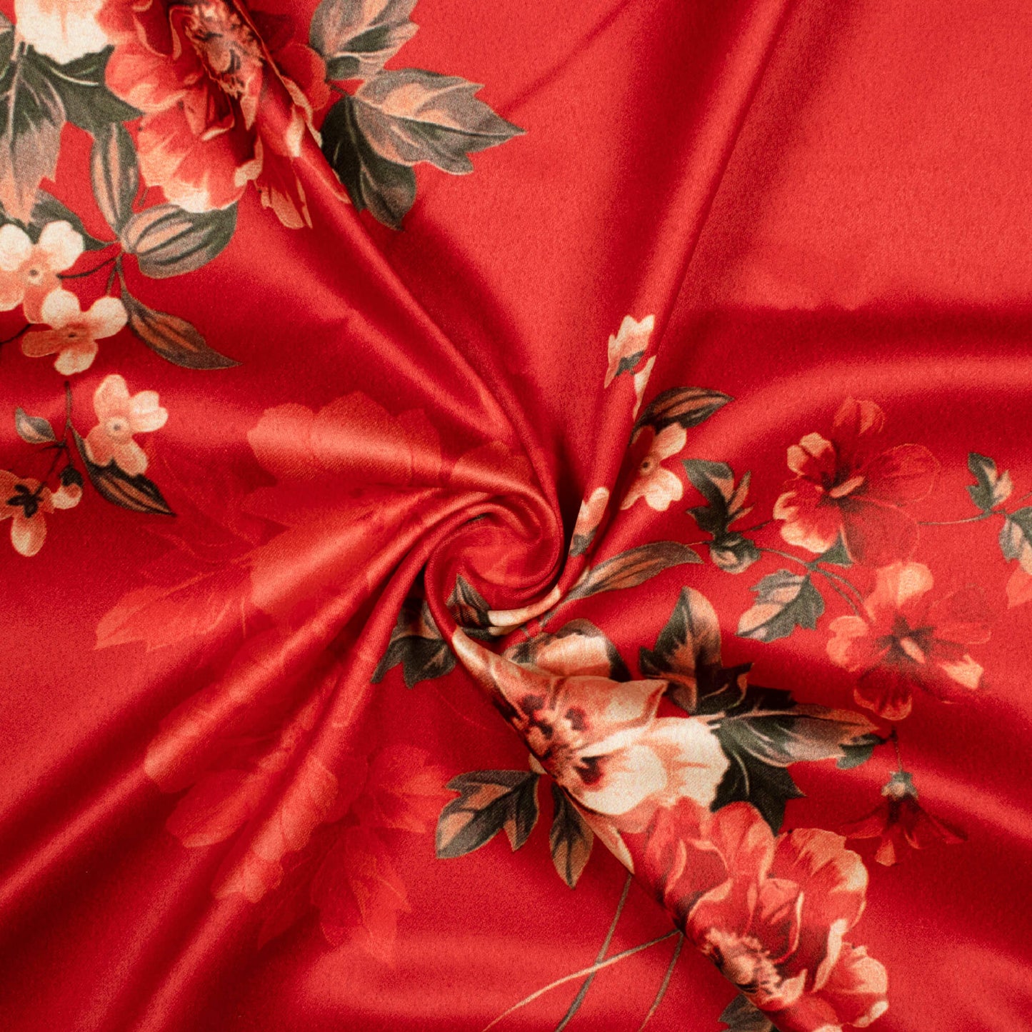 Sangria Red Floral Pattern Digital Print Charmeuse Satin Fabric (Width 58 Inches)