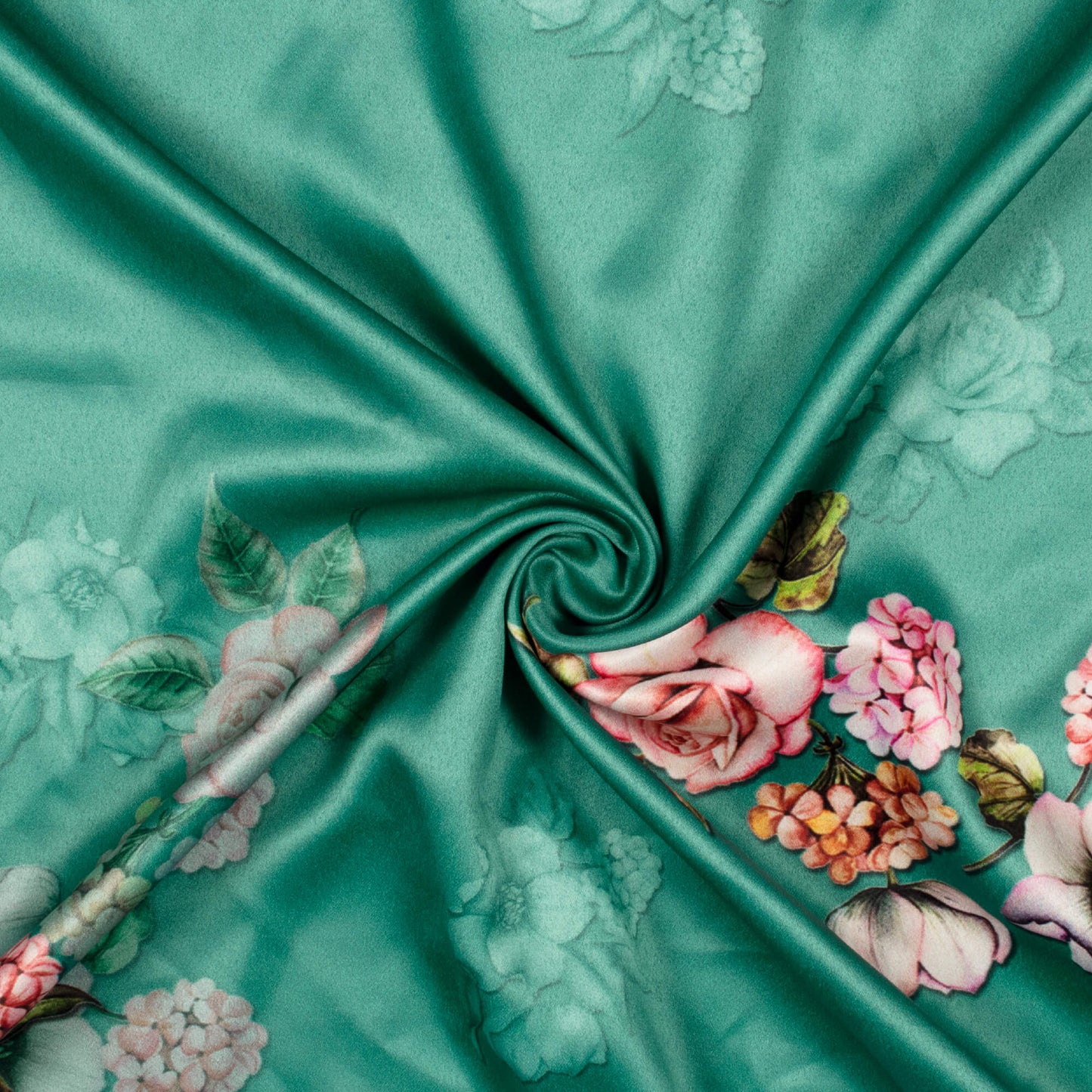 Teal Green And Pale Pink Floral Pattern Digital Print Charmeuse Satin Fabric (Width 58 Inches)