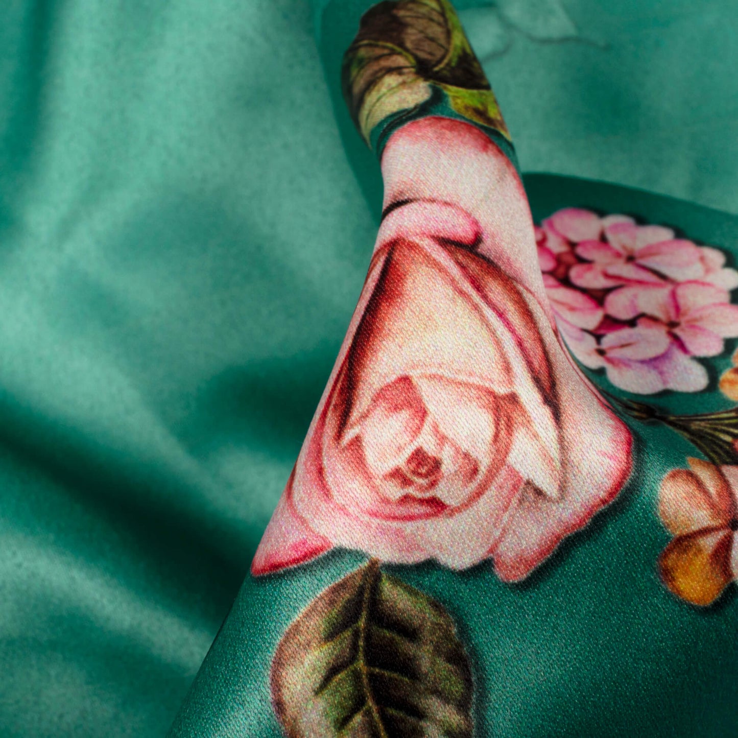 Teal Green And Pale Pink Floral Pattern Digital Print Charmeuse Satin Fabric (Width 58 Inches)