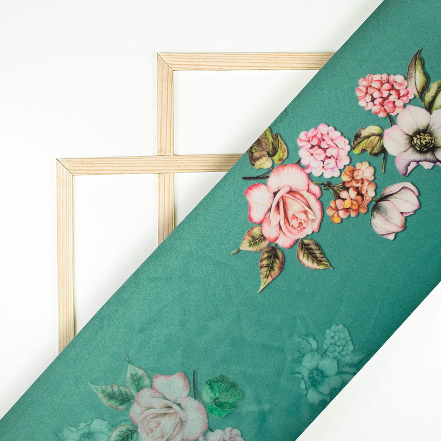 Teal Green And Pale Pink Floral Pattern Digital Print Charmeuse Satin Fabric (Width 58 Inches)