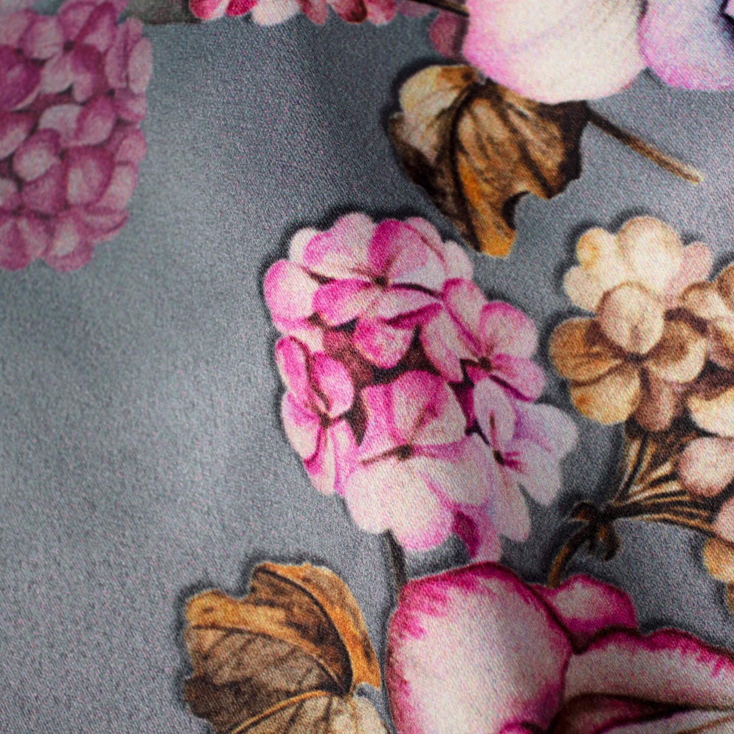 Steel Grey And Pale Pink Floral Pattern Digital Print Charmeuse Satin Fabric (Width 58 Inches)
