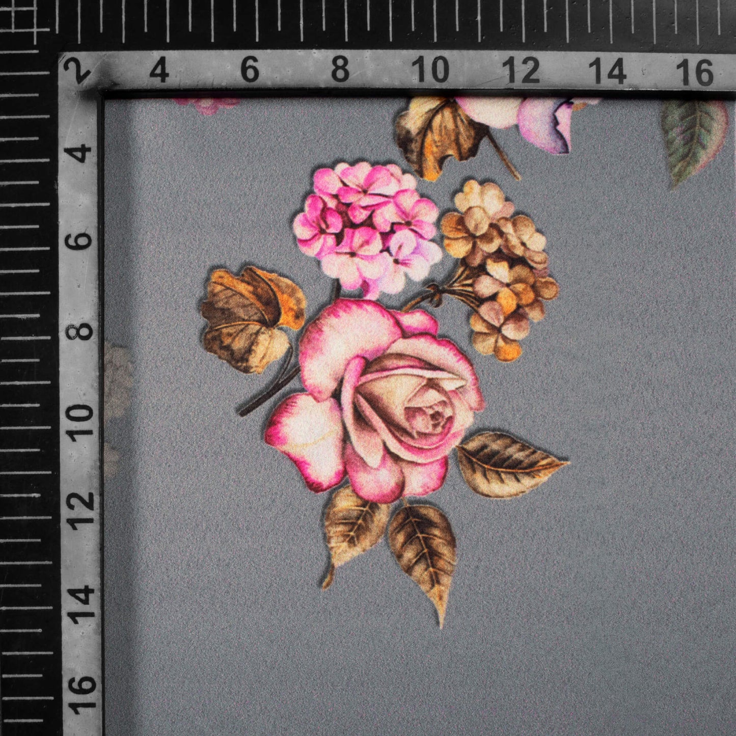 Steel Grey And Pale Pink Floral Pattern Digital Print Charmeuse Satin Fabric (Width 58 Inches)