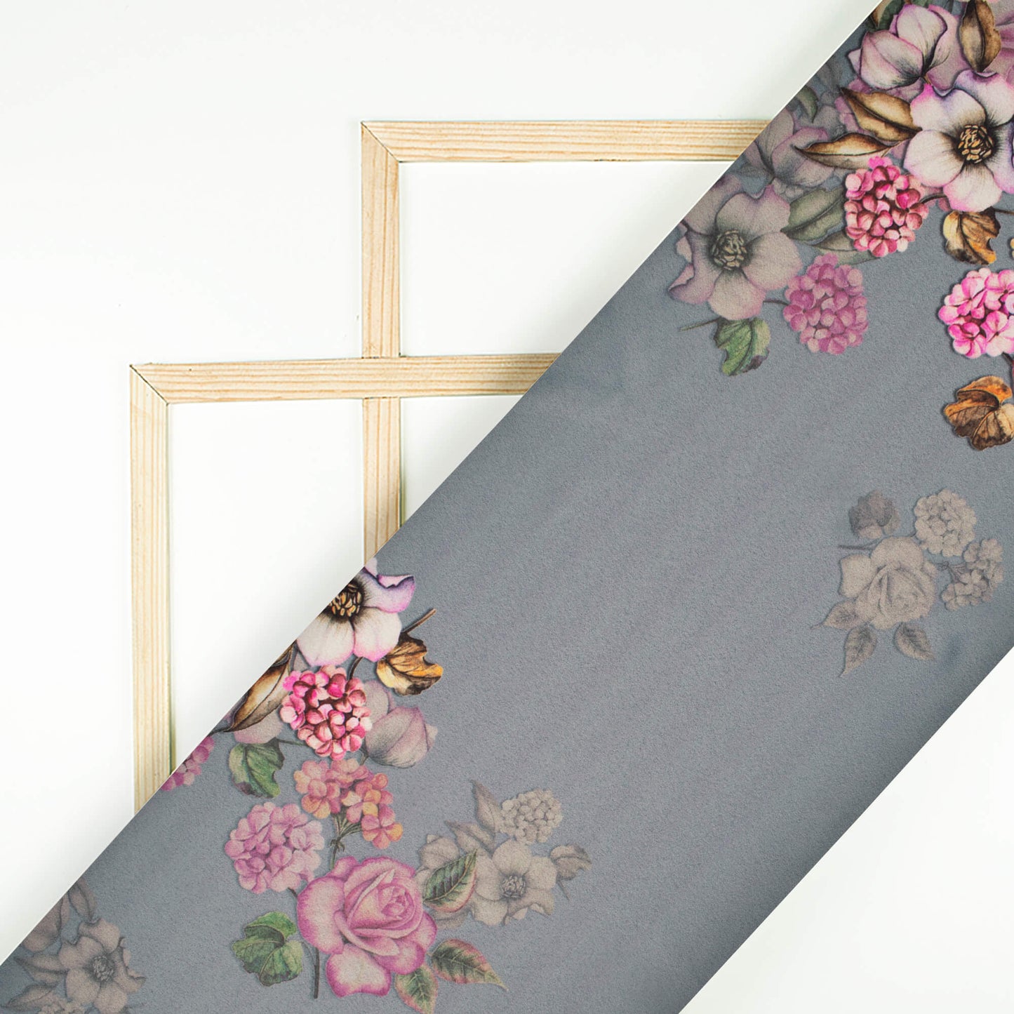 Steel Grey And Pale Pink Floral Pattern Digital Print Charmeuse Satin Fabric (Width 58 Inches)