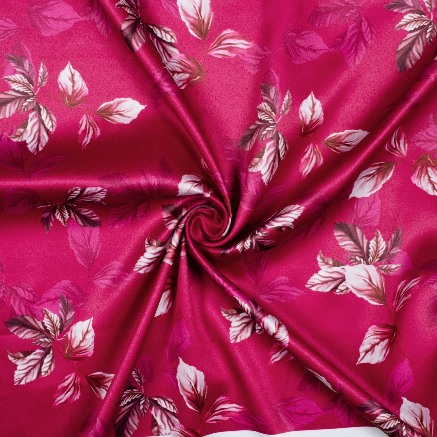 Magenta Pink Leaf Pattern Digital Print Charmeuse Satin Fabric (Width 58 Inches)