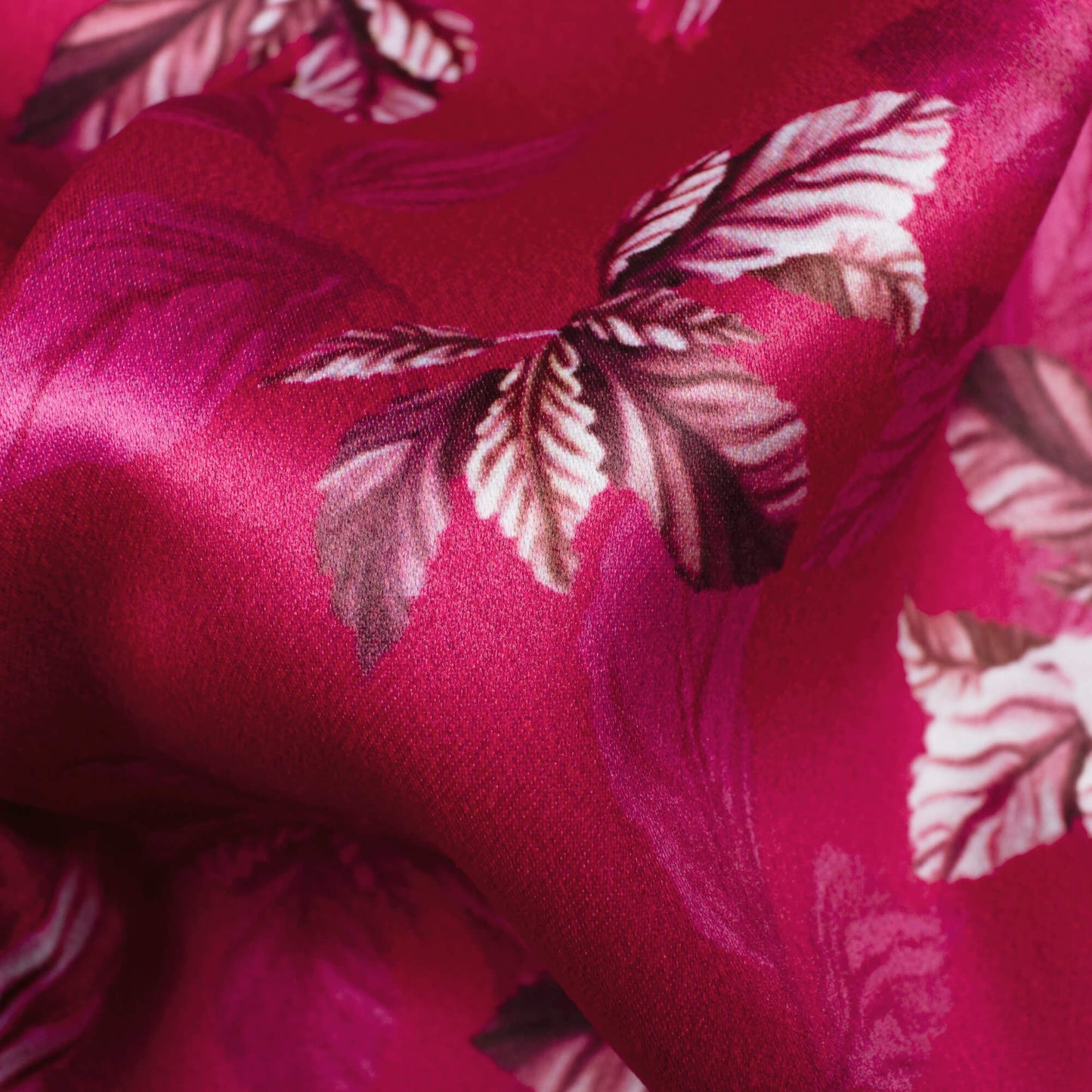 Magenta Pink Leaf Pattern Digital Print Charmeuse Satin Fabric (Width 58 Inches)