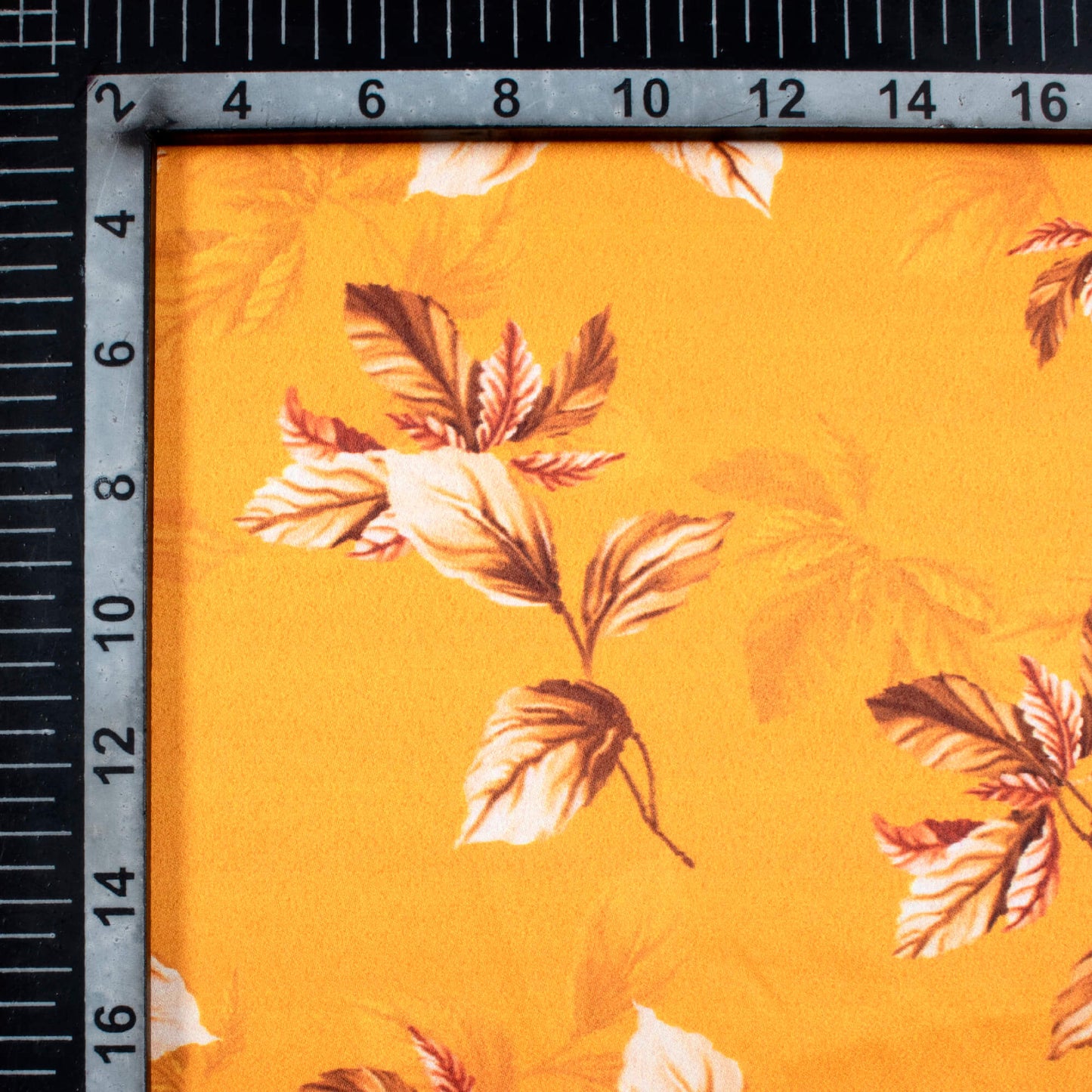 Fire Yellow And Brown Leaf Pattern Digital Print Charmeuse Satin Fabric (Width 58 Inches)
