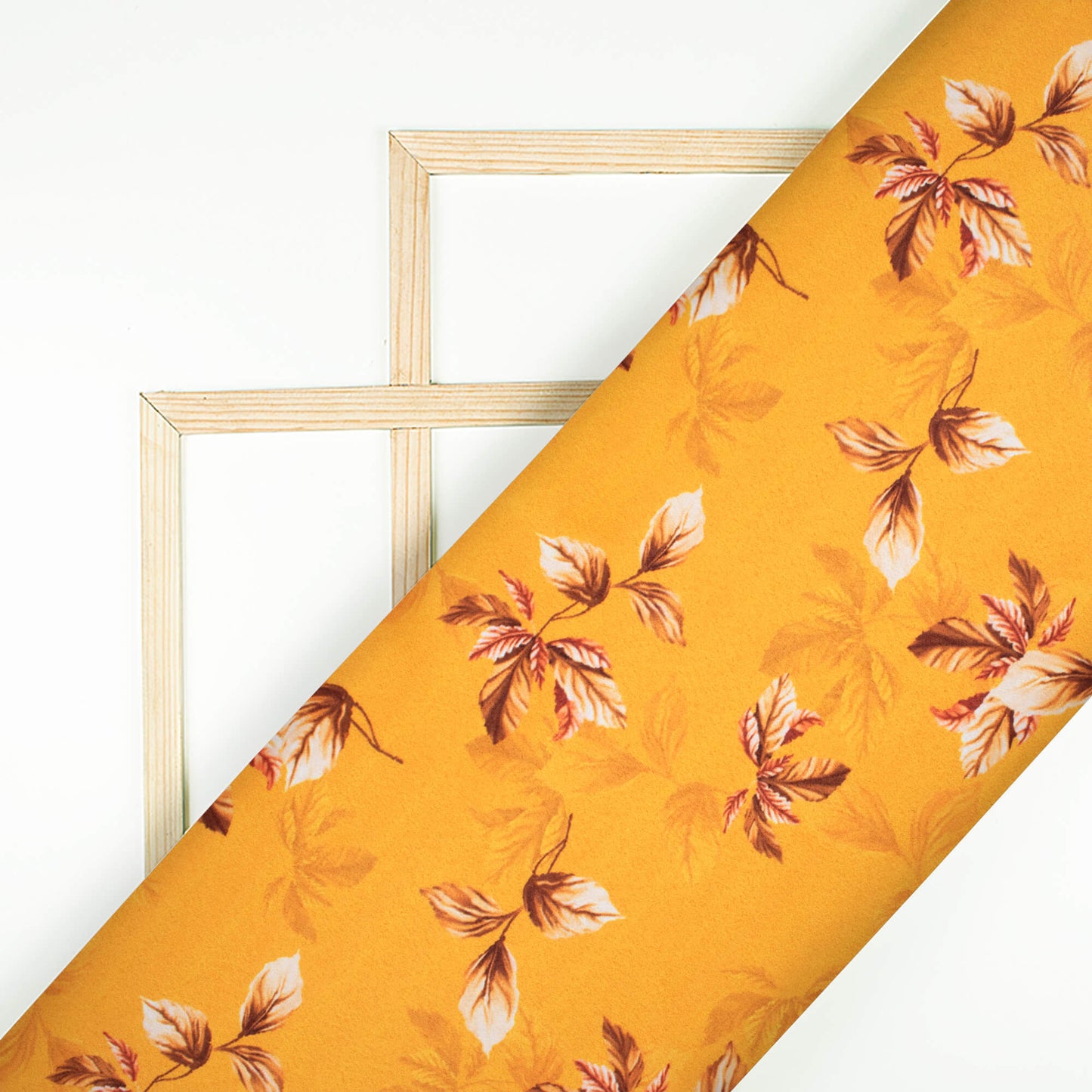 Fire Yellow And Brown Leaf Pattern Digital Print Charmeuse Satin Fabric (Width 58 Inches)