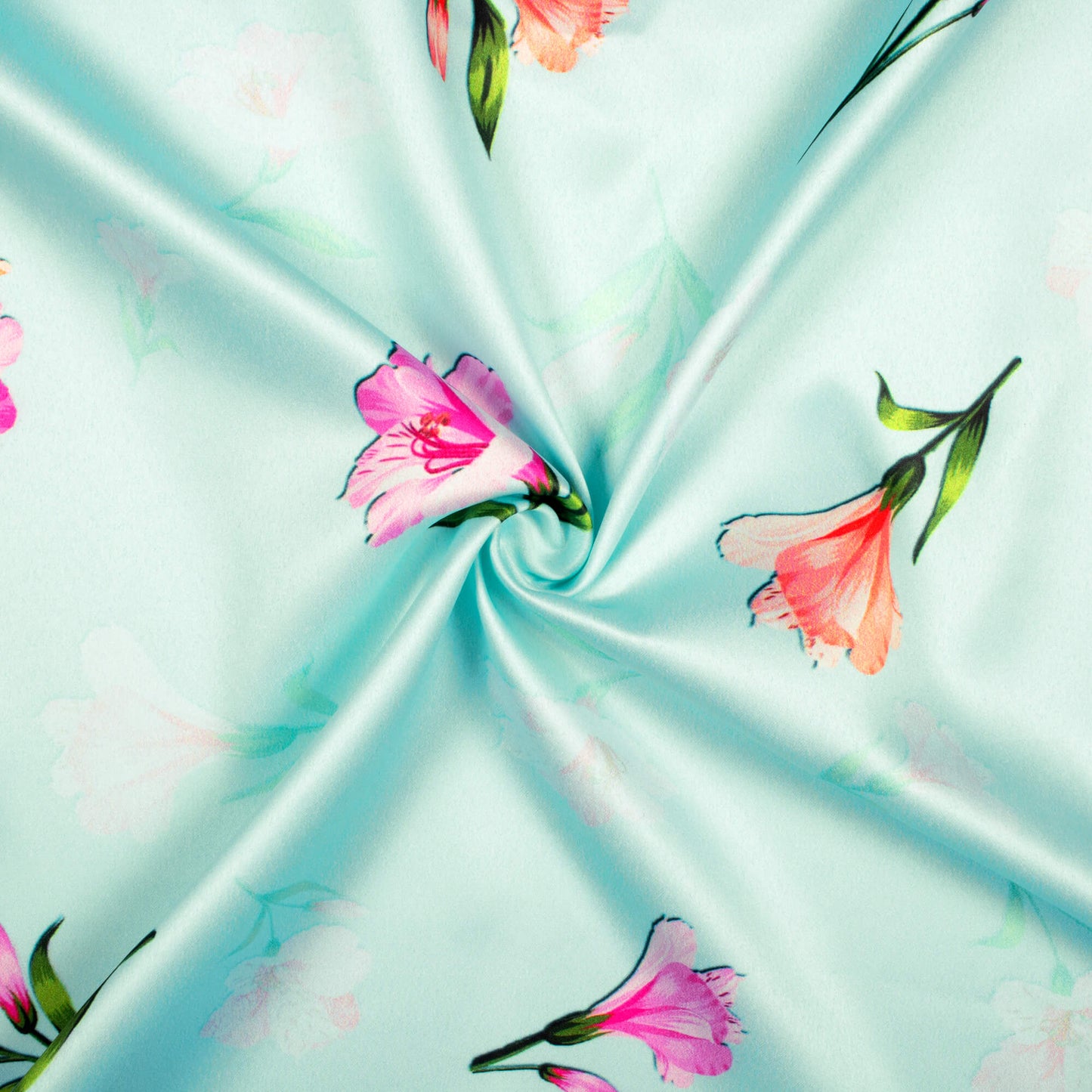 Pale Blue And Taffy Pink Floral Pattern Digital Print Charmeuse Satin Fabric (Width 58 Inches)
