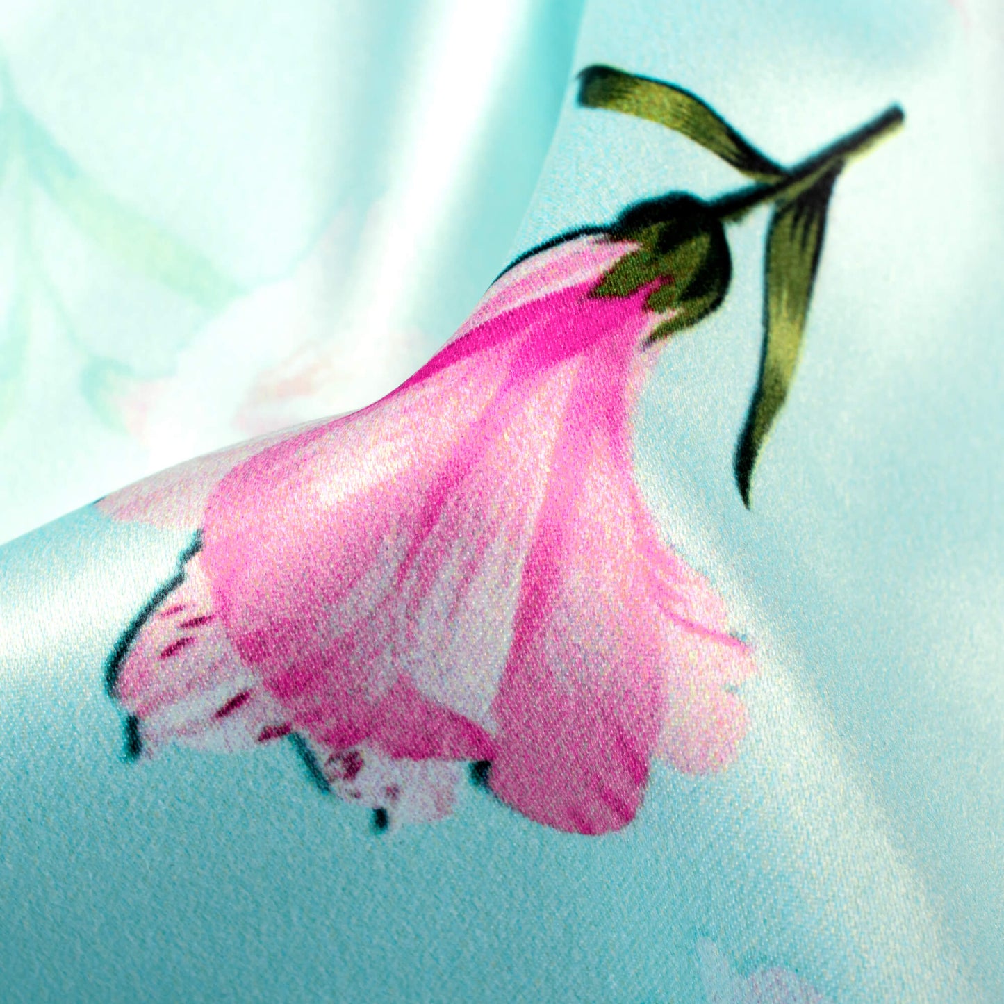 Pale Blue And Taffy Pink Floral Pattern Digital Print Charmeuse Satin Fabric (Width 58 Inches)