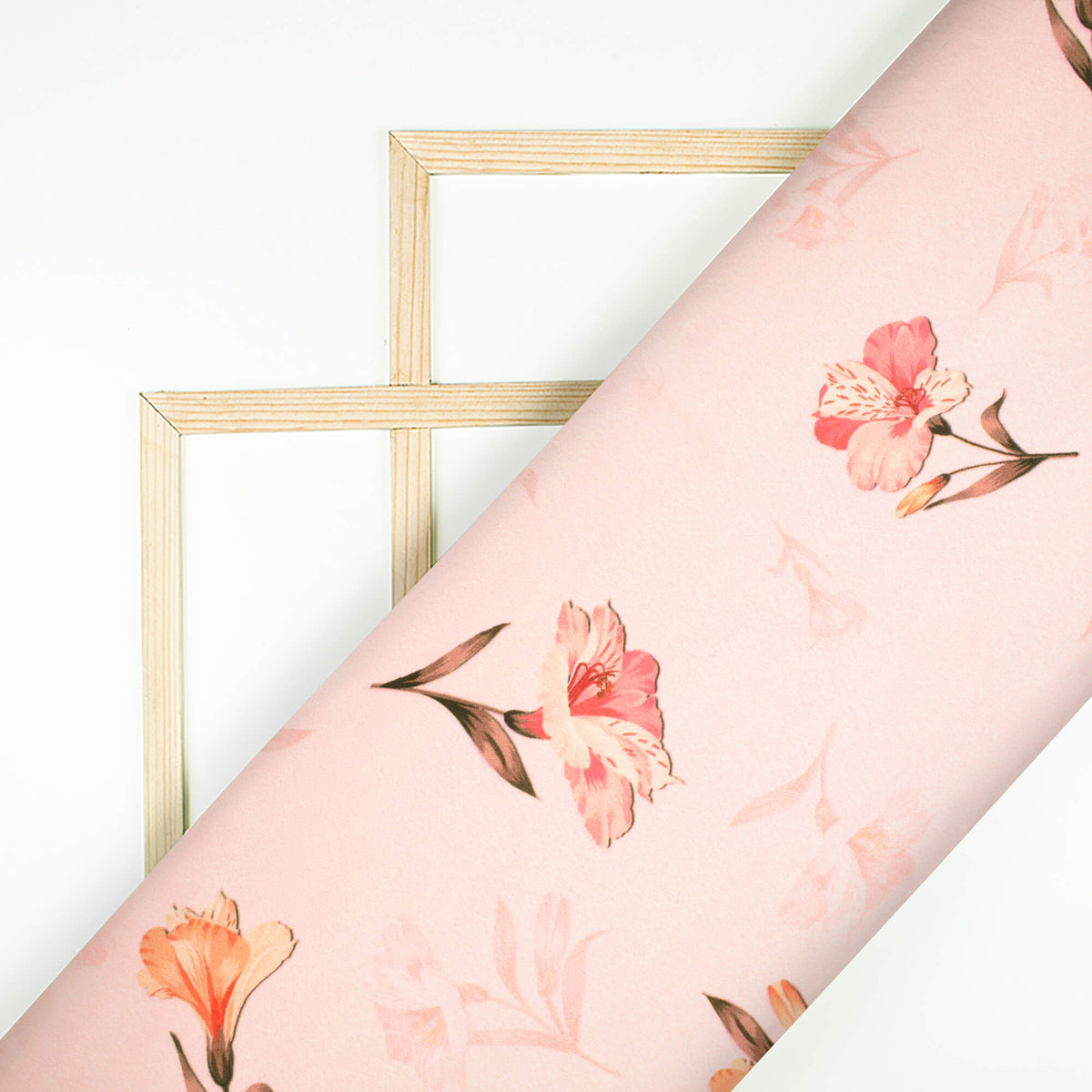 Baby Pink Floral Pattern Digital Print Charmeuse Satin Fabric (Width 58 Inches)