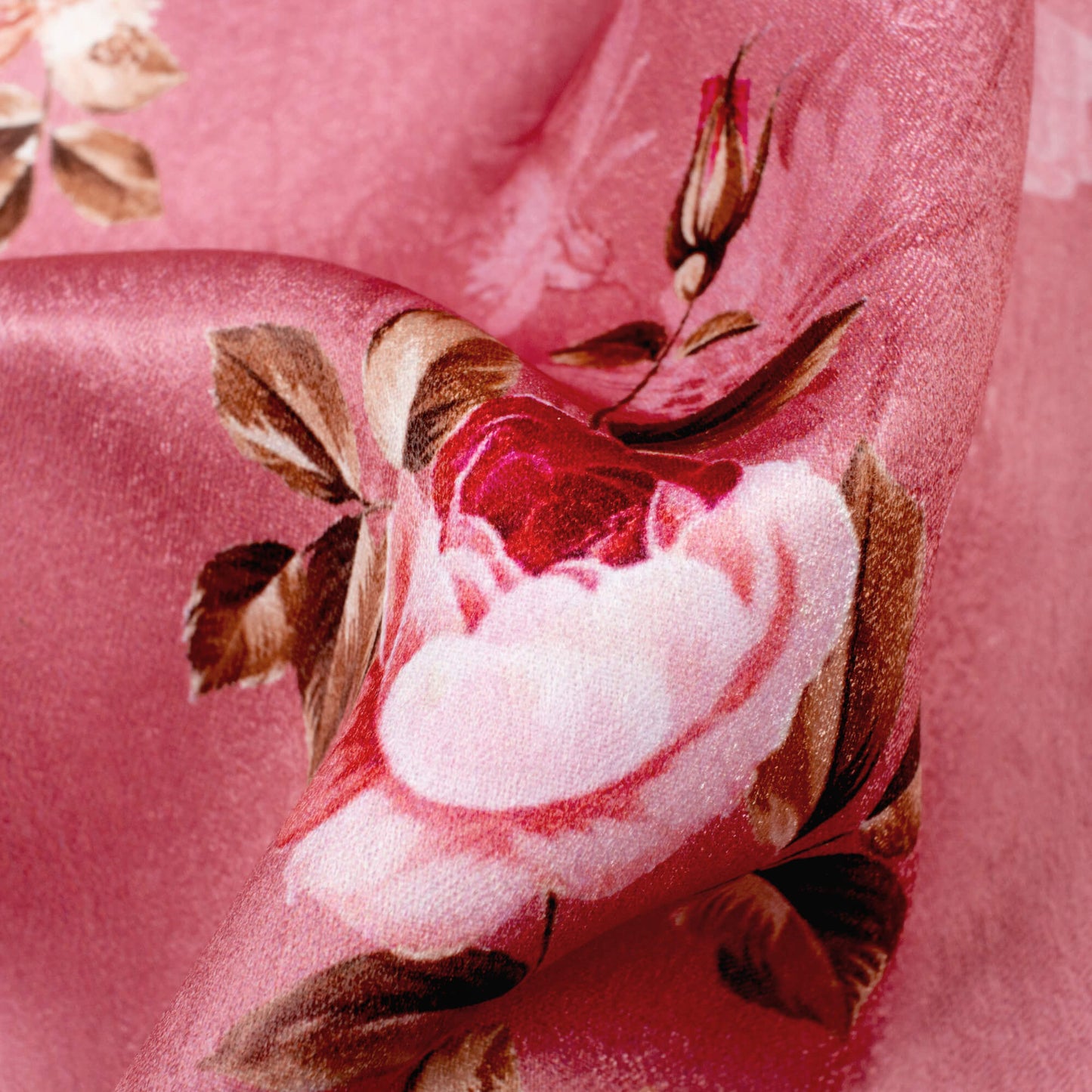 Watermelon Pink And Off White Floral Pattern Digital Print Lush Satin Fabric