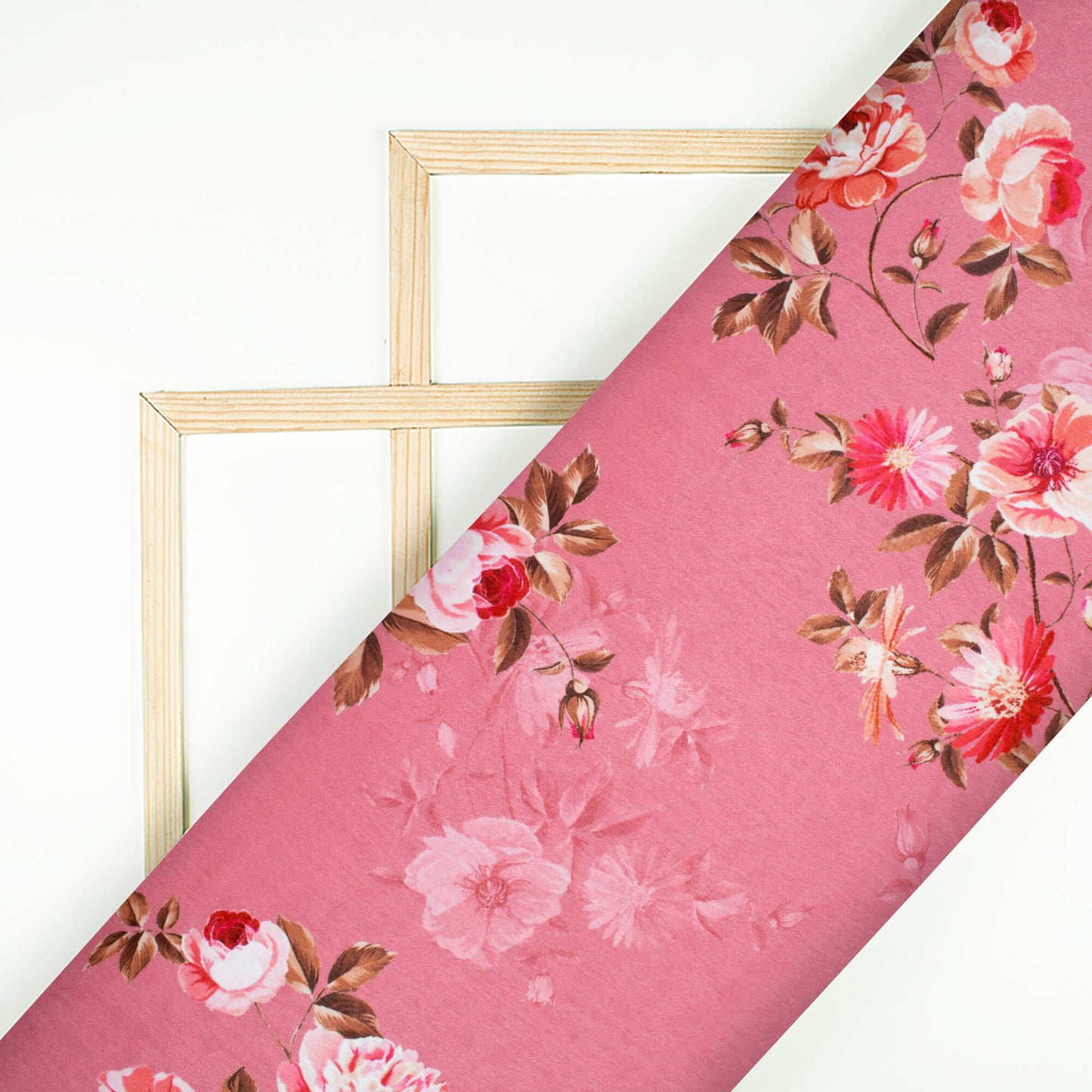 Watermelon Pink And Off White Floral Pattern Digital Print Lush Satin Fabric