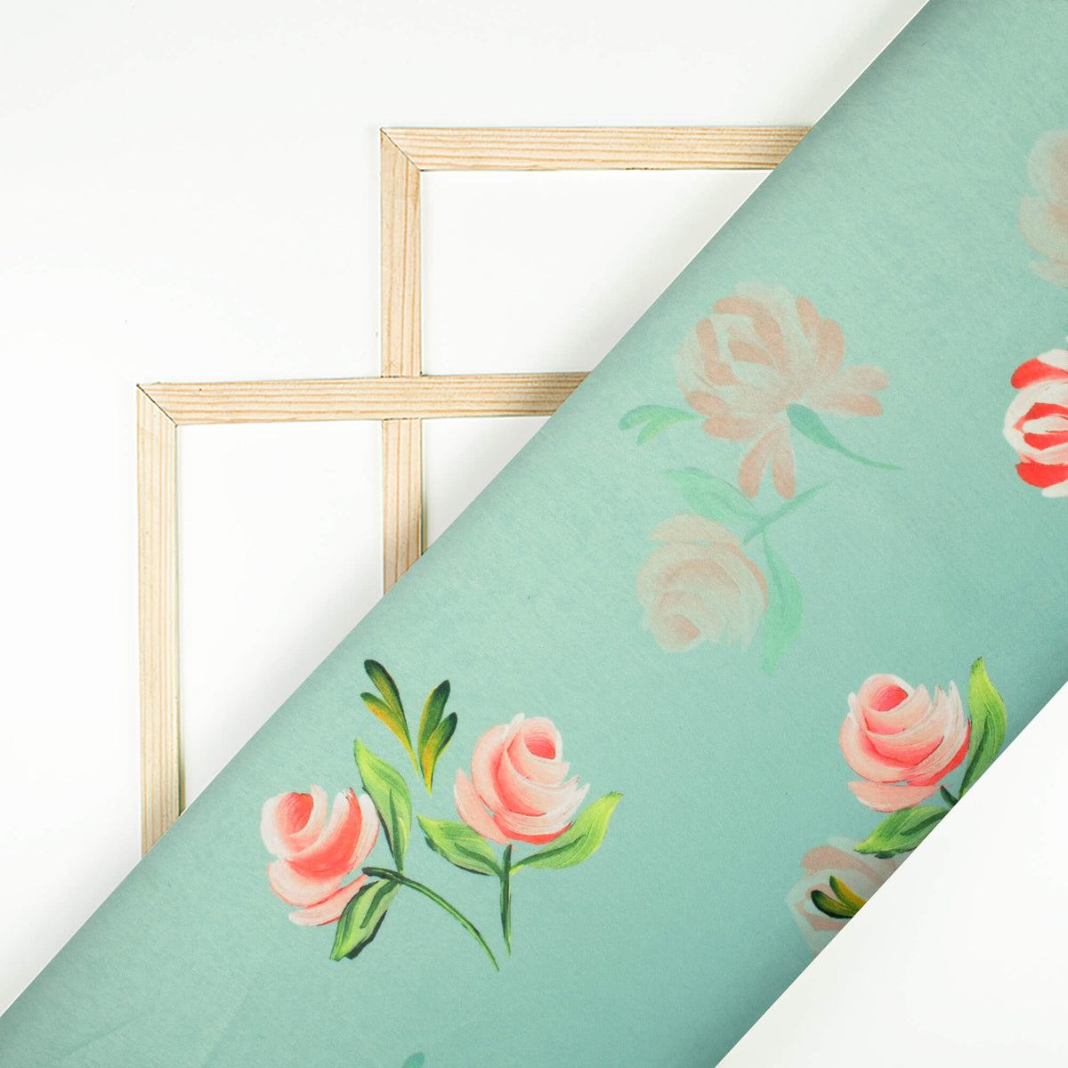 Mint Green And Pink Floral Pattern Digital Print Lush Satin Fabric