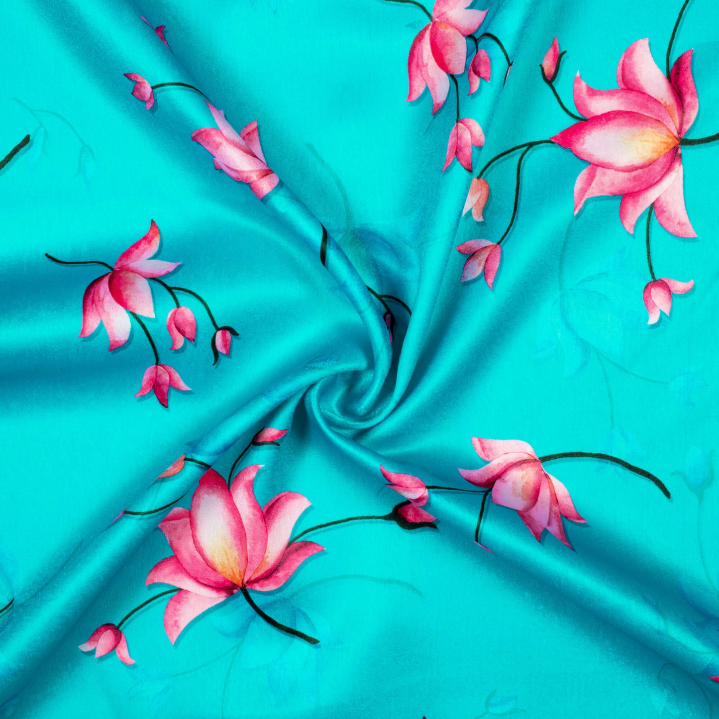 Aqua Blue And Pink Floral Pattern Digital Print Lush Satin Fabric