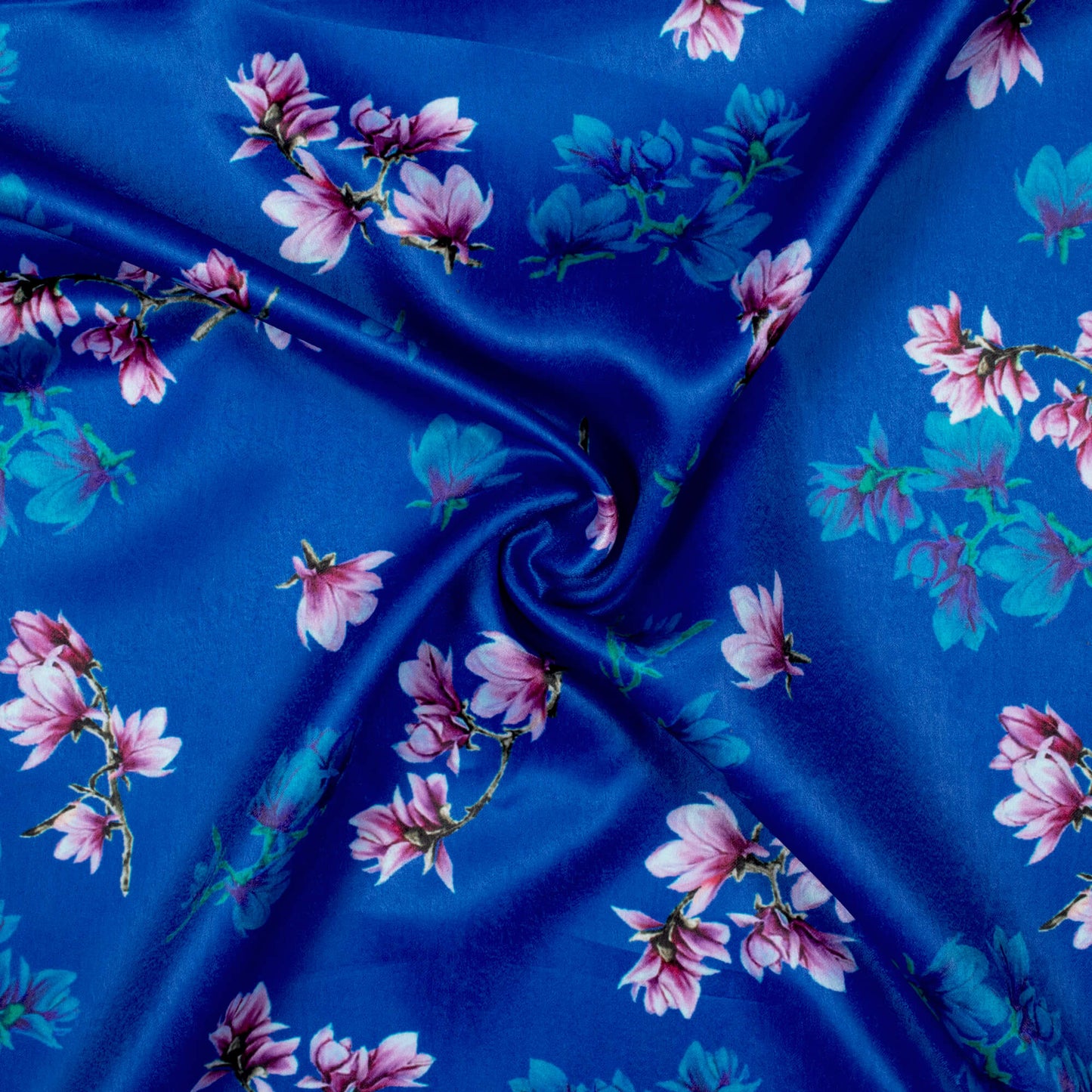 Cobalt Blue And Pink Floral Pattern Digital Print Lush Satin Fabric