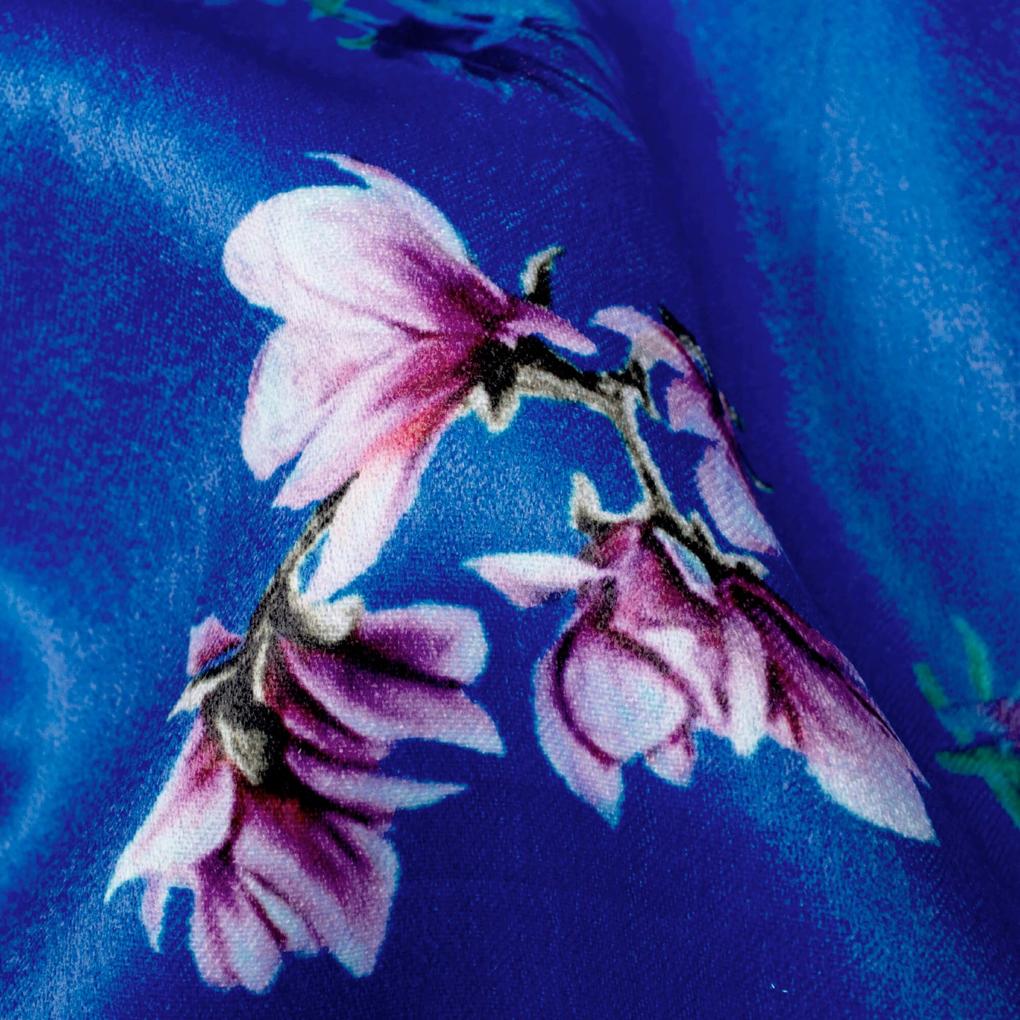 Cobalt Blue And Pink Floral Pattern Digital Print Lush Satin Fabric