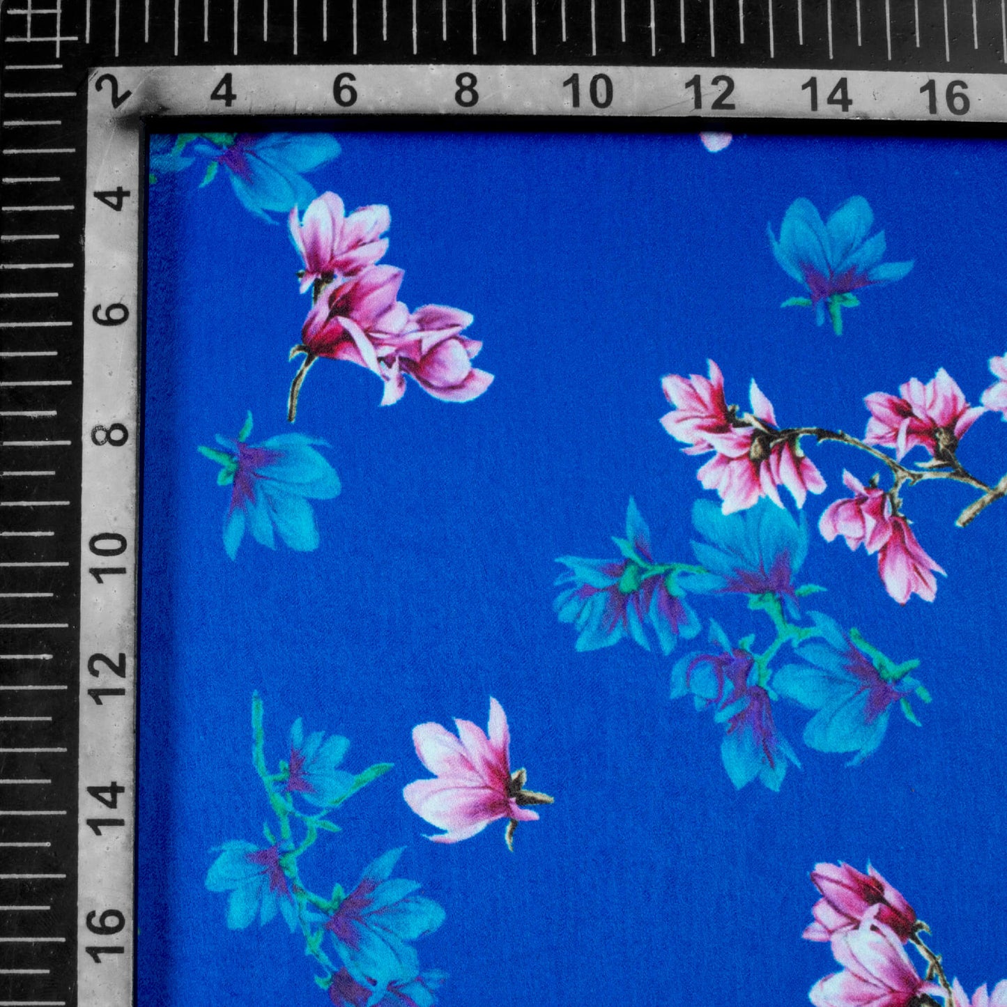 Cobalt Blue And Pink Floral Pattern Digital Print Lush Satin Fabric