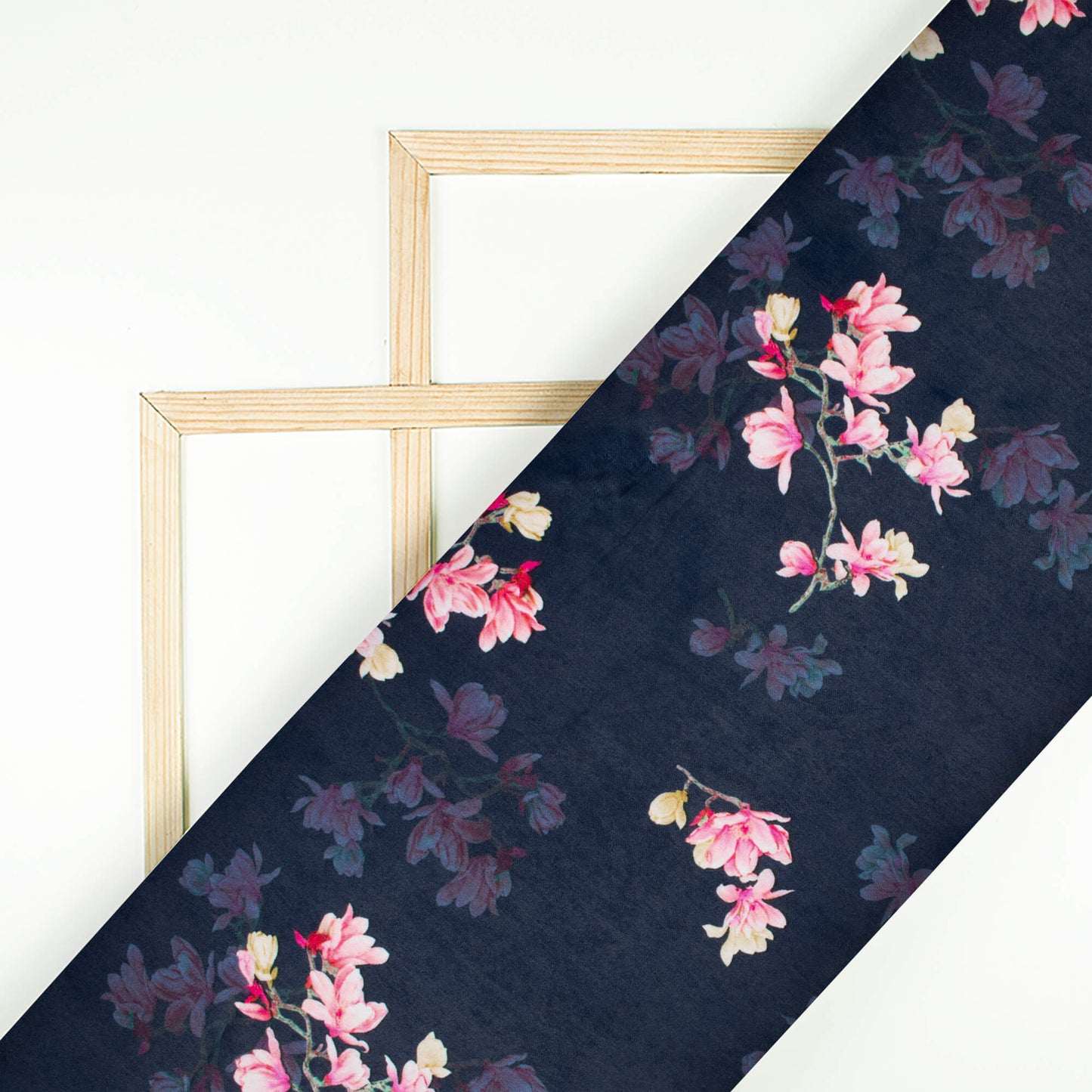 Space Blue And Pink Floral Pattern Digital Print Lush Satin Fabric