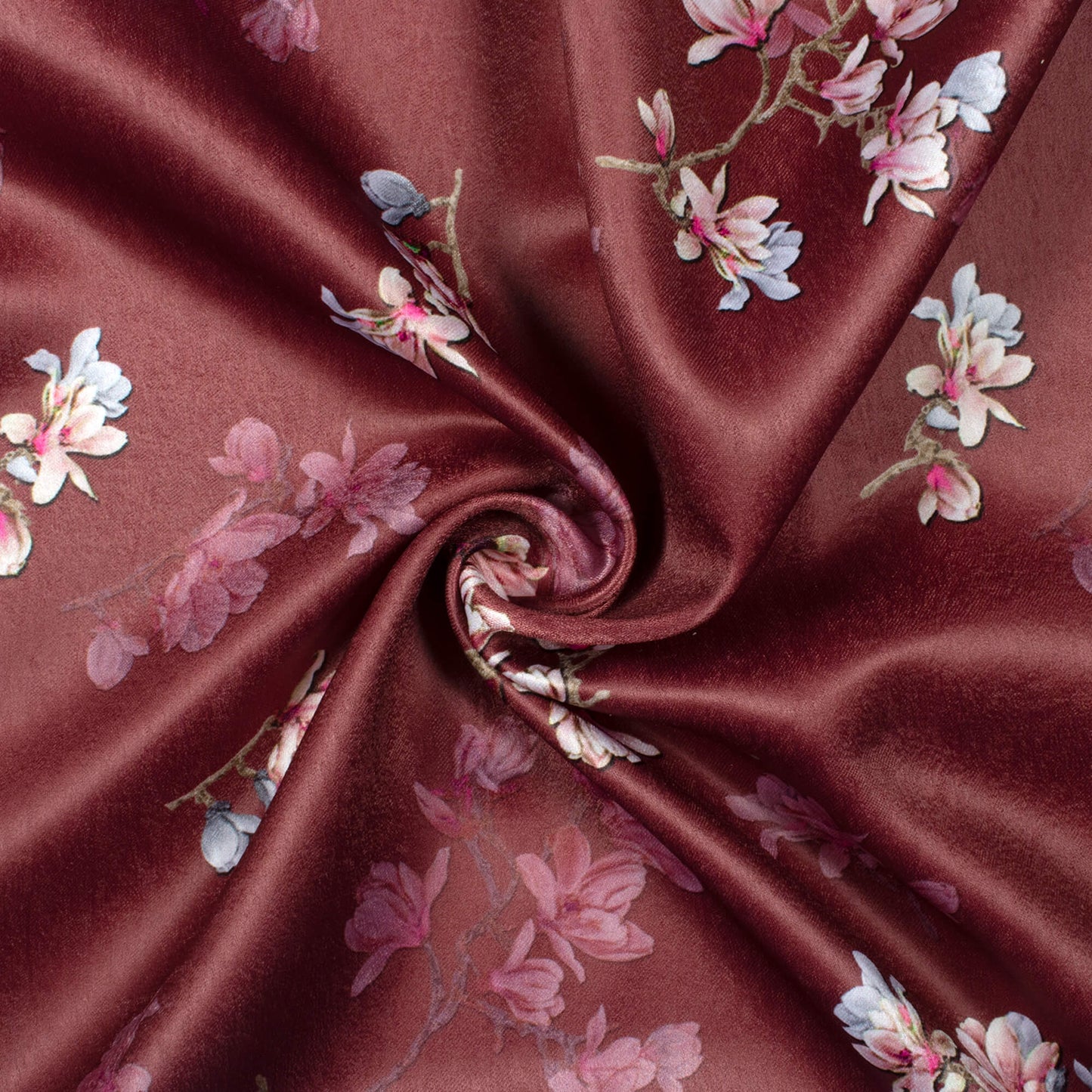 Mahogany Brown And Pink Floral Pattern Digital Print Lush Satin Fabric