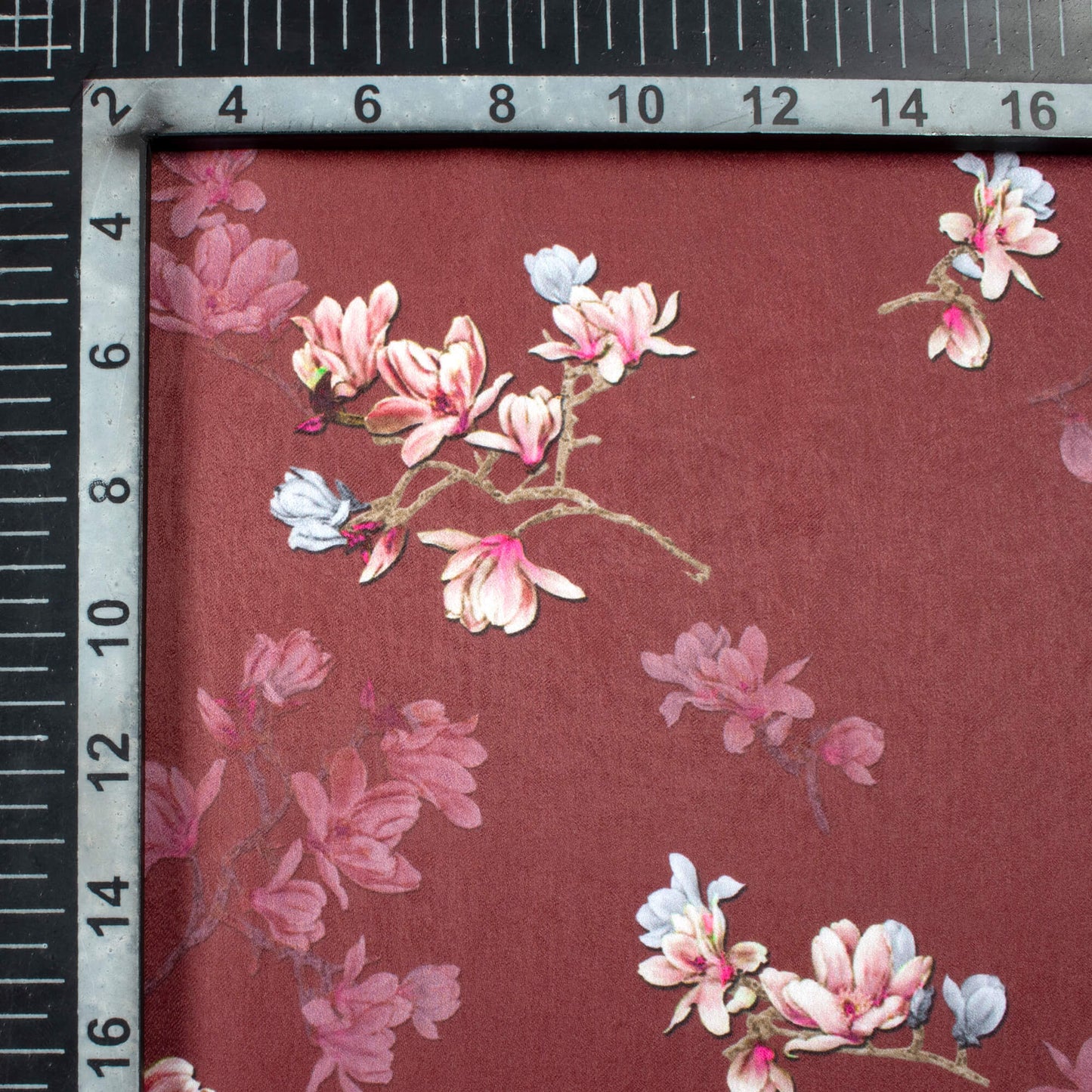 Mahogany Brown And Pink Floral Pattern Digital Print Lush Satin Fabric