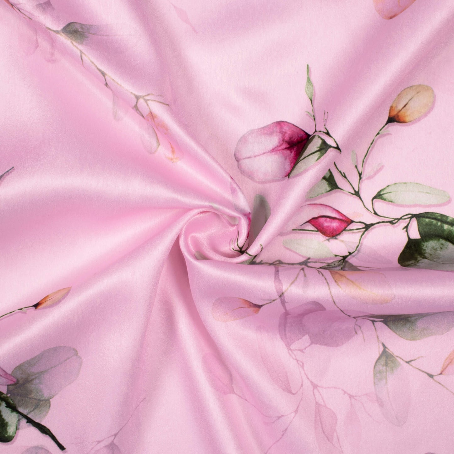 Taffy Pink And Green Floral Pattern Digital Print Lush Satin Fabric