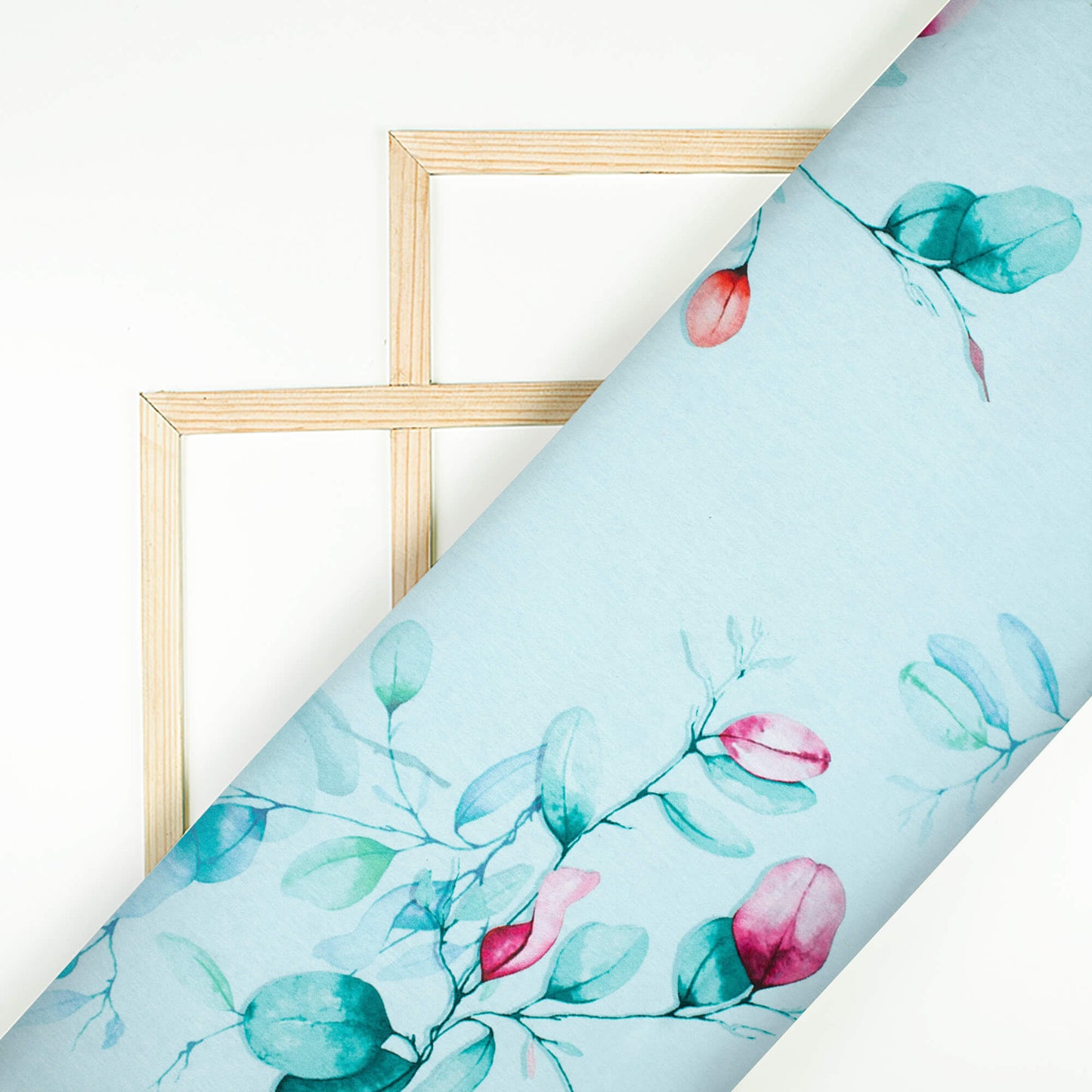 Sky Blue And Pink Floral Pattern Digital Print Lush Satin Fabric