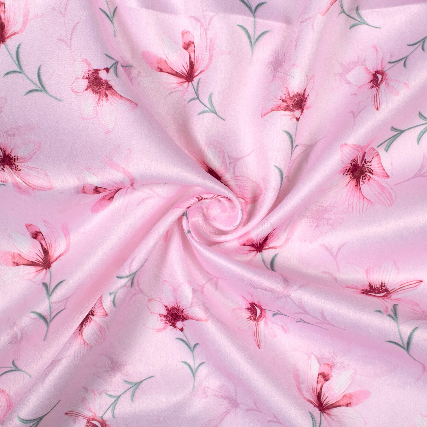 Baby Pink Floral Pattern Digital Print Lush Satin Fabric