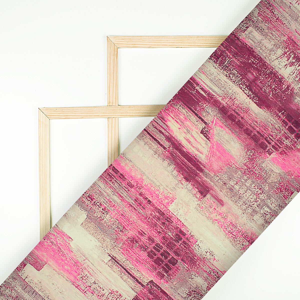 Cream And Pink Abstract Pattern Digital Print Lush Satin Fabric