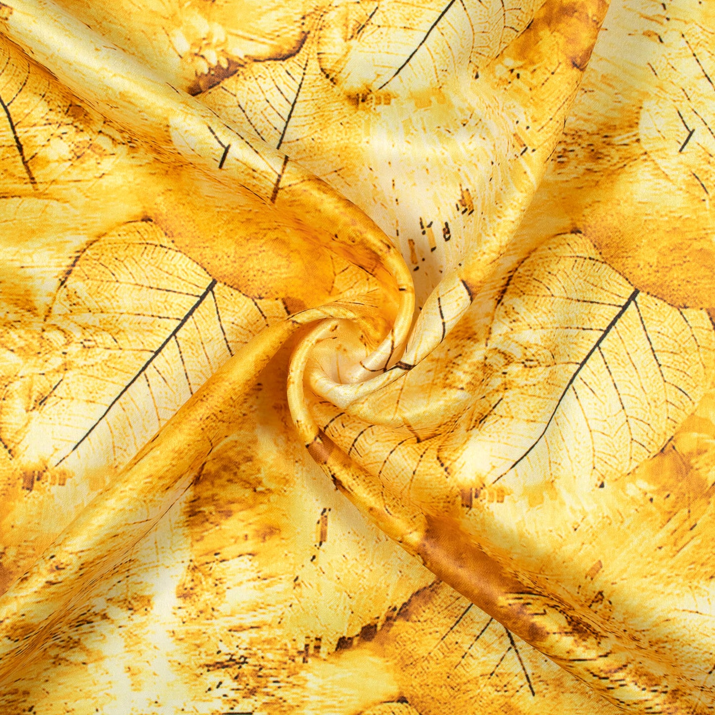 Amber Yellow Leaf Pattern Digital Print Lush Satin Fabric