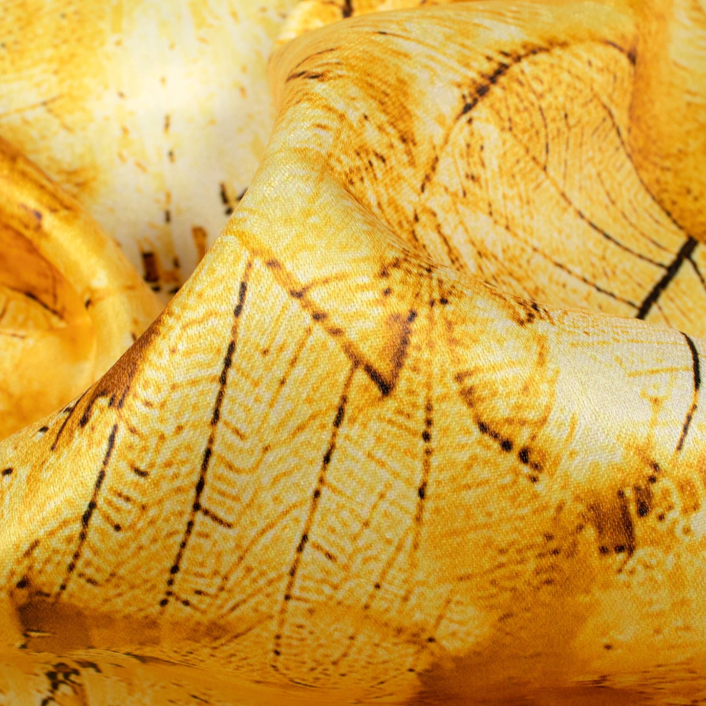 Amber Yellow Leaf Pattern Digital Print Lush Satin Fabric