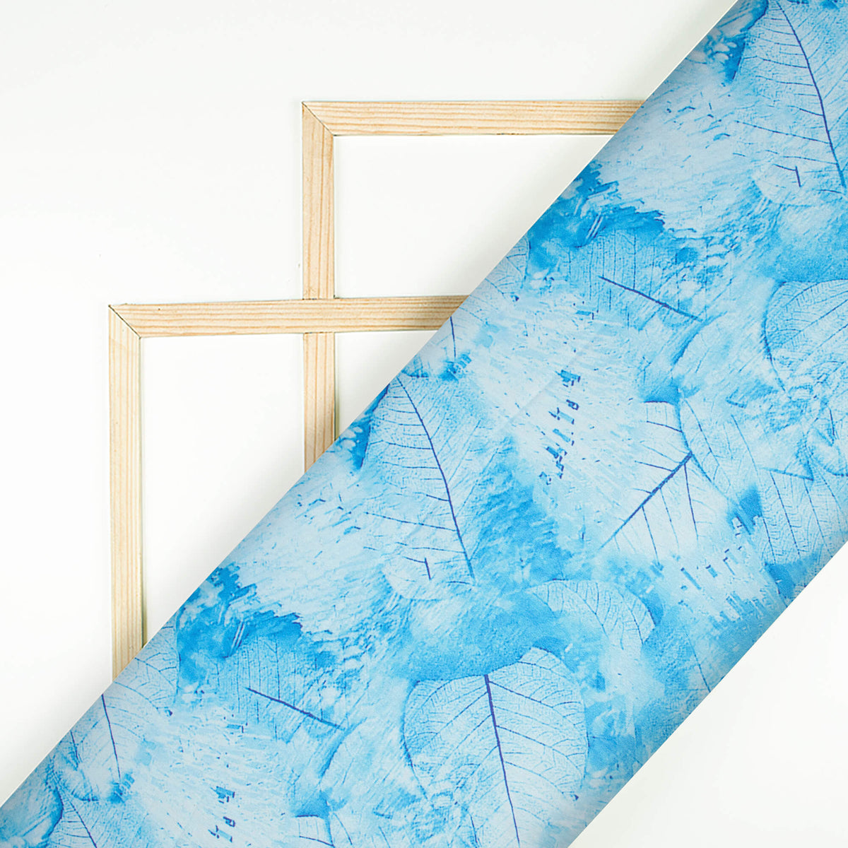Sky Blue And White Leaf Pattern Digital Print Lush Satin Fabric