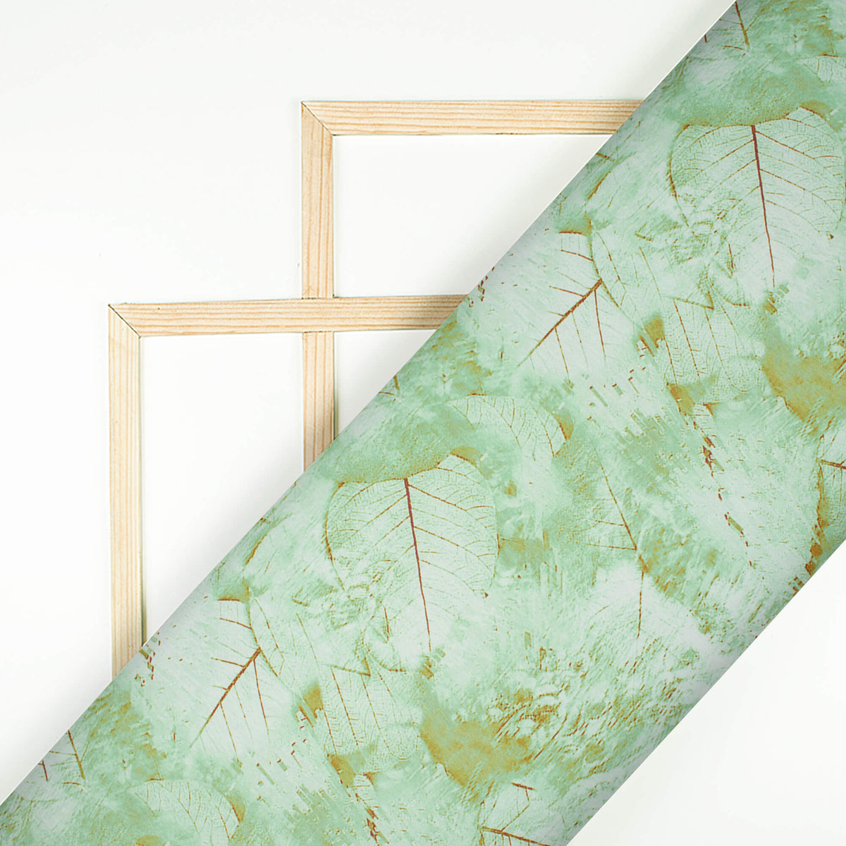 Sage Green And White Leaf Pattern Digital Print Lush Satin Fabric
