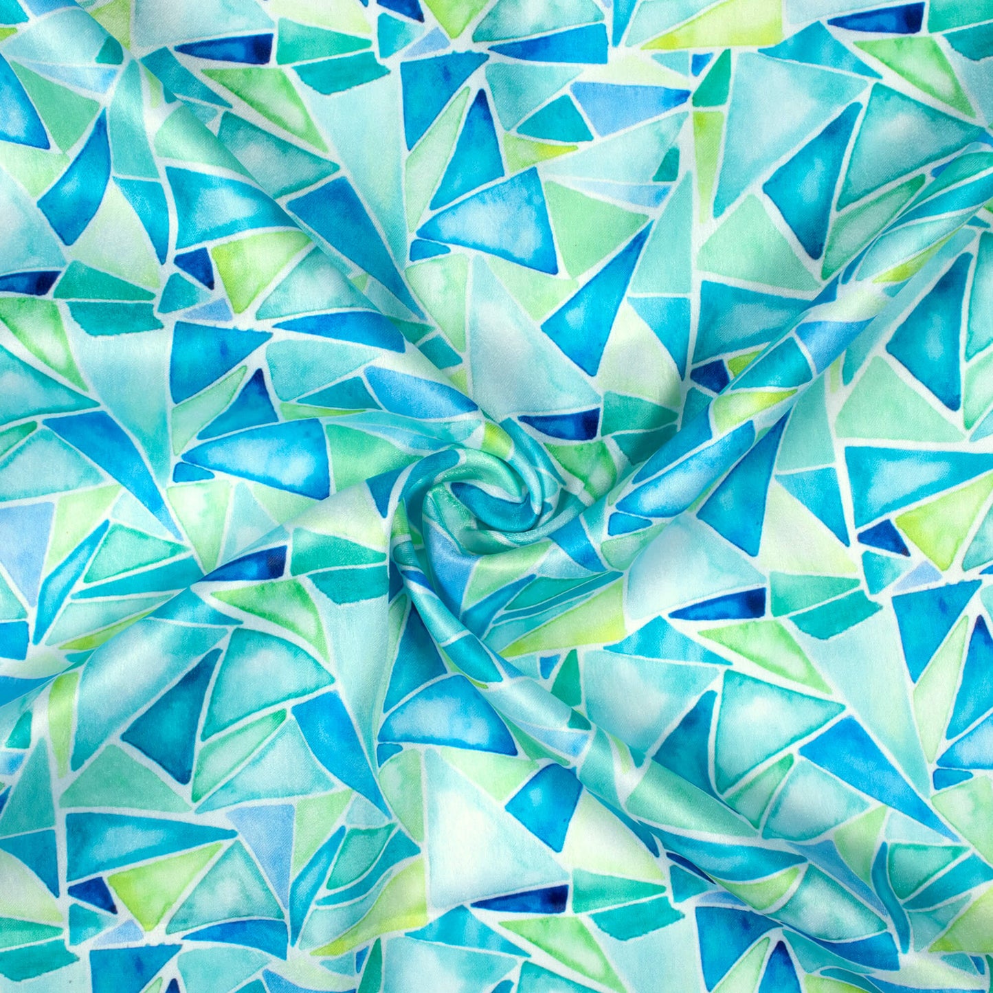 Azure Blue And Green Geometric Pattern Digital Print Lush Satin Fabric