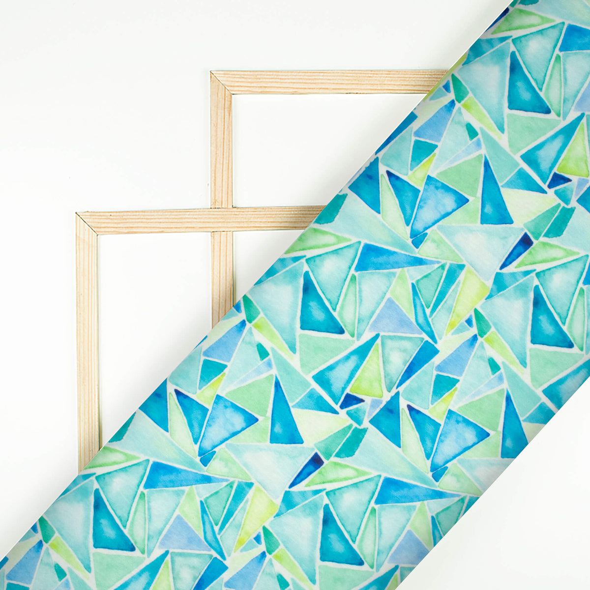 Azure Blue And Green Geometric Pattern Digital Print Lush Satin Fabric